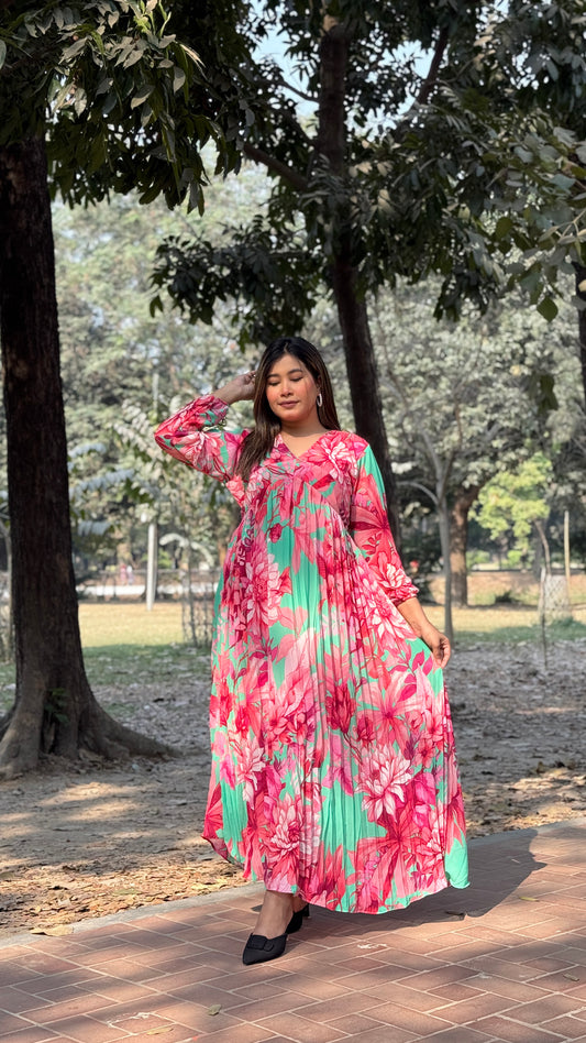 Pleated Gown || Long Beach Gown || Tour Gown || Alia Cut Gown ||  Multi Florals