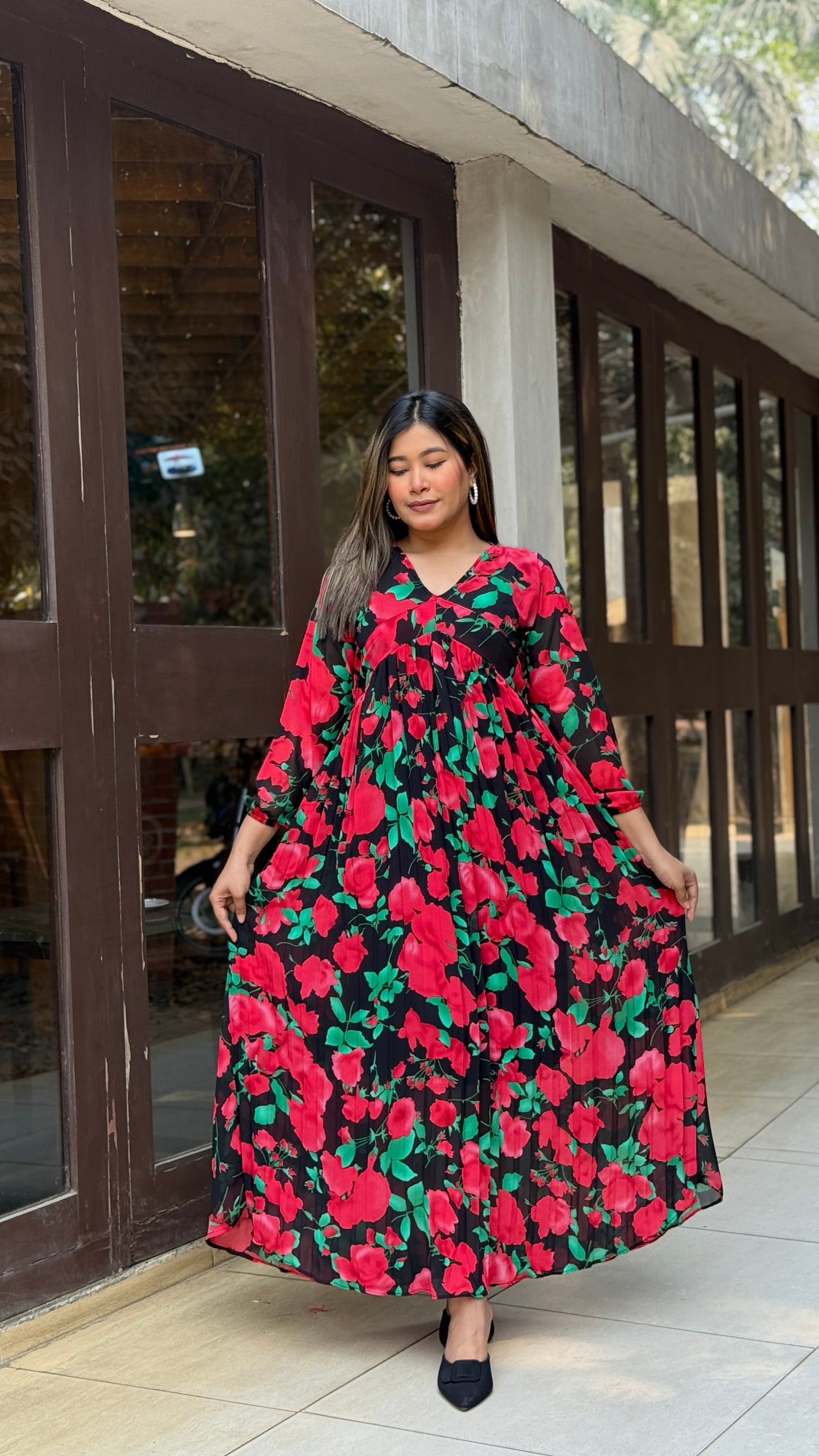 Pleated Gown || Long Beach Gown || Tour Gown || Alia Cut Gown ||  Red Rose