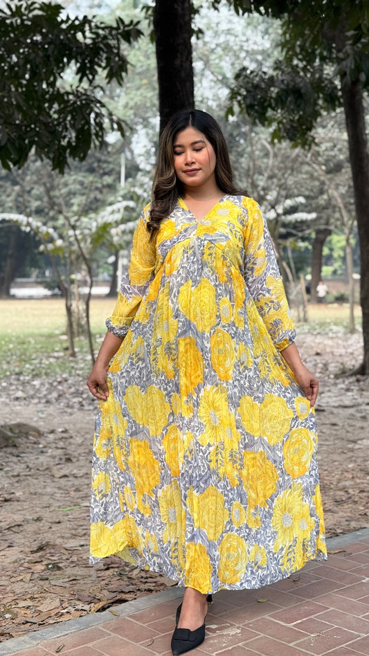 Pleated Gown || Long Beach Gown || Tour Gown || Alia Cut Gown ||  Yellow Floral