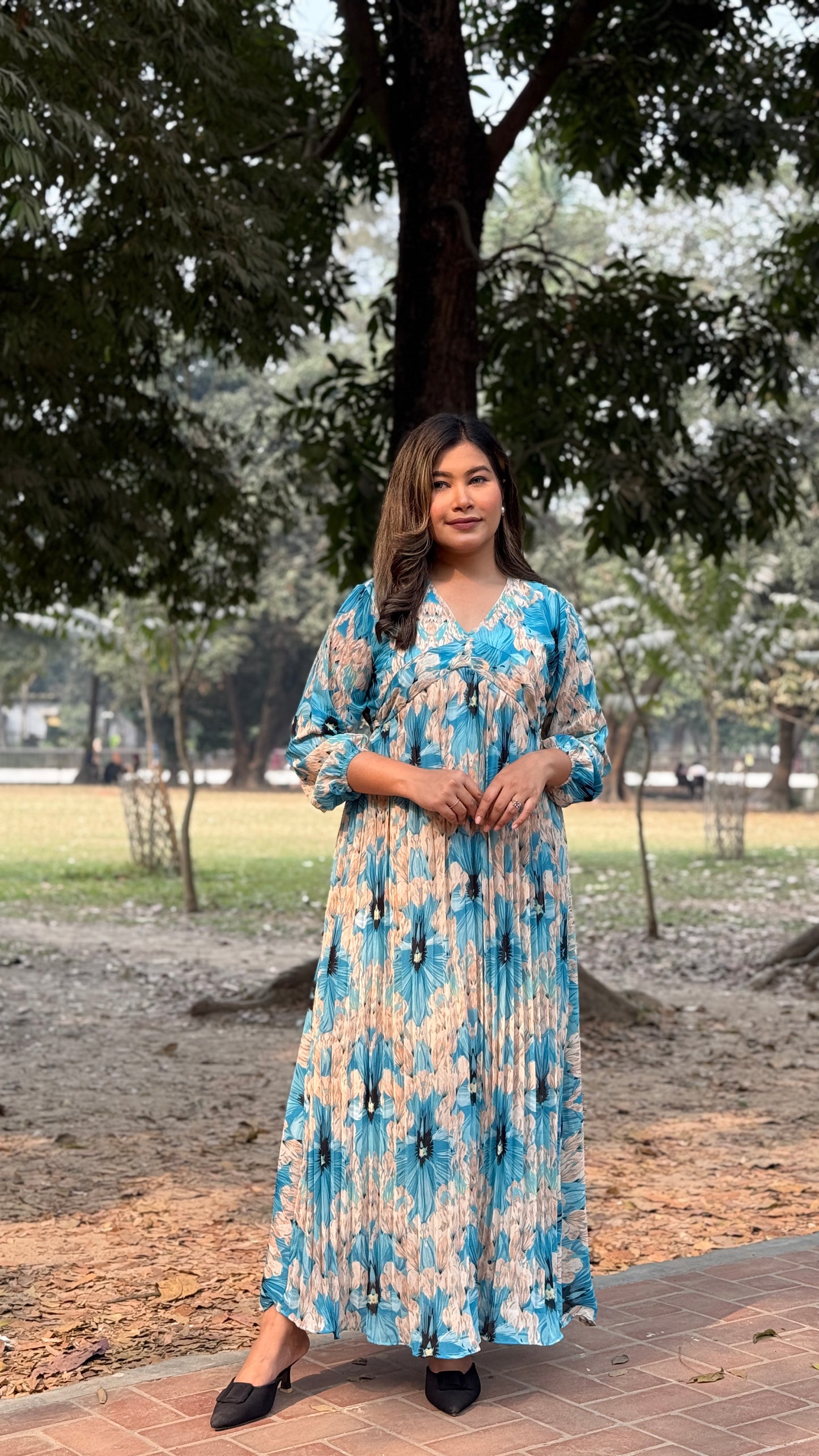 Pleated Gown || Long Beach Gown || Tour Gown || Alia Cut Gown ||  Sky Floral
