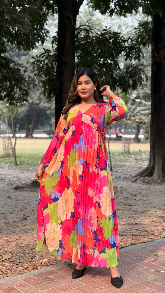 Pleated Gown || Long Beach Gown || Tour Gown || Alia Cut Gown ||  Multi