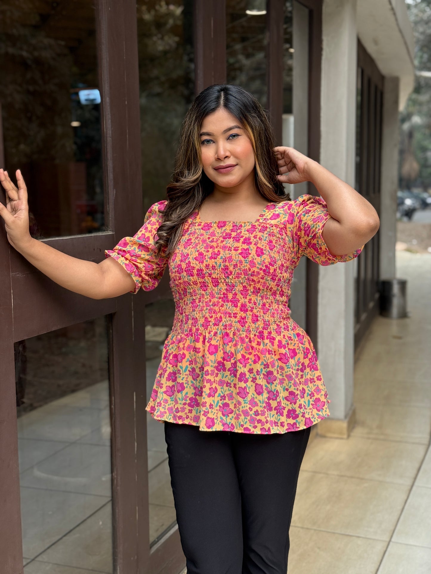Short Smokey Tops || Orange+Pink floral