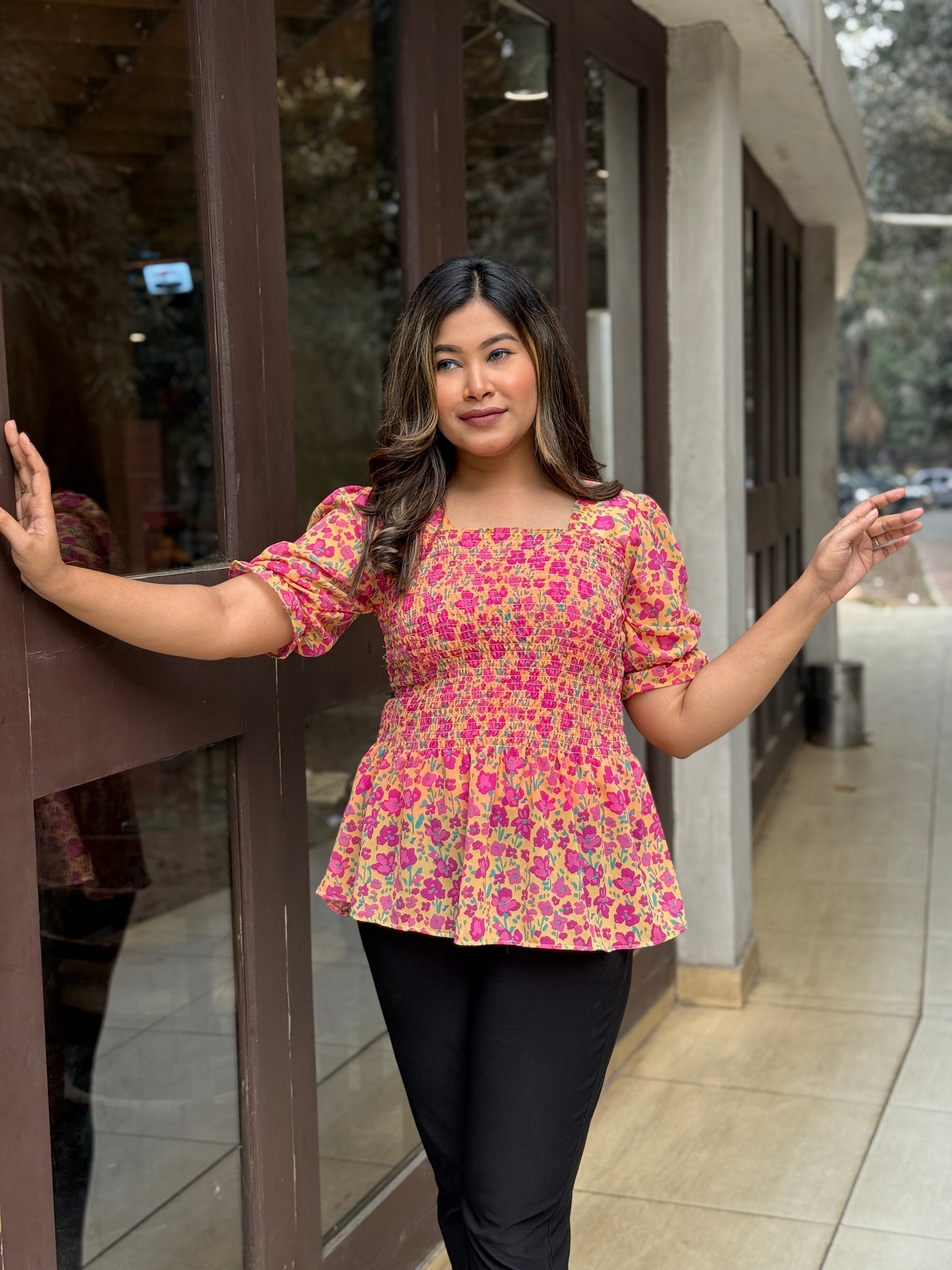 Short Smokey Tops || Orange+Pink floral