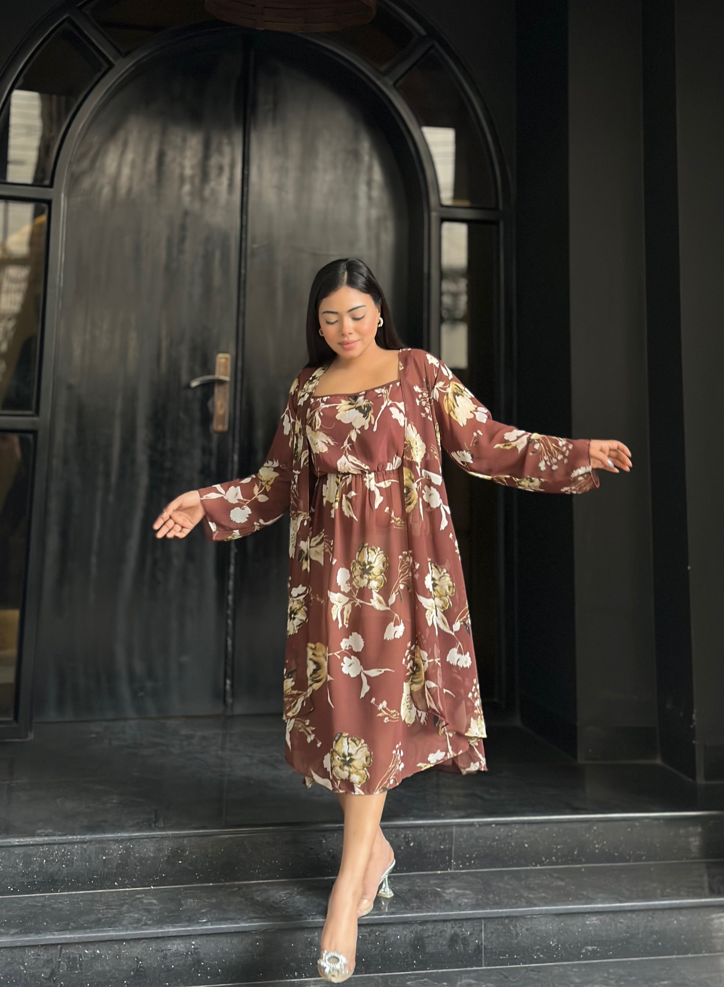 Midi Gown with Shrug Set || Koti Gown Set || Long Shrug With Midi || Brown