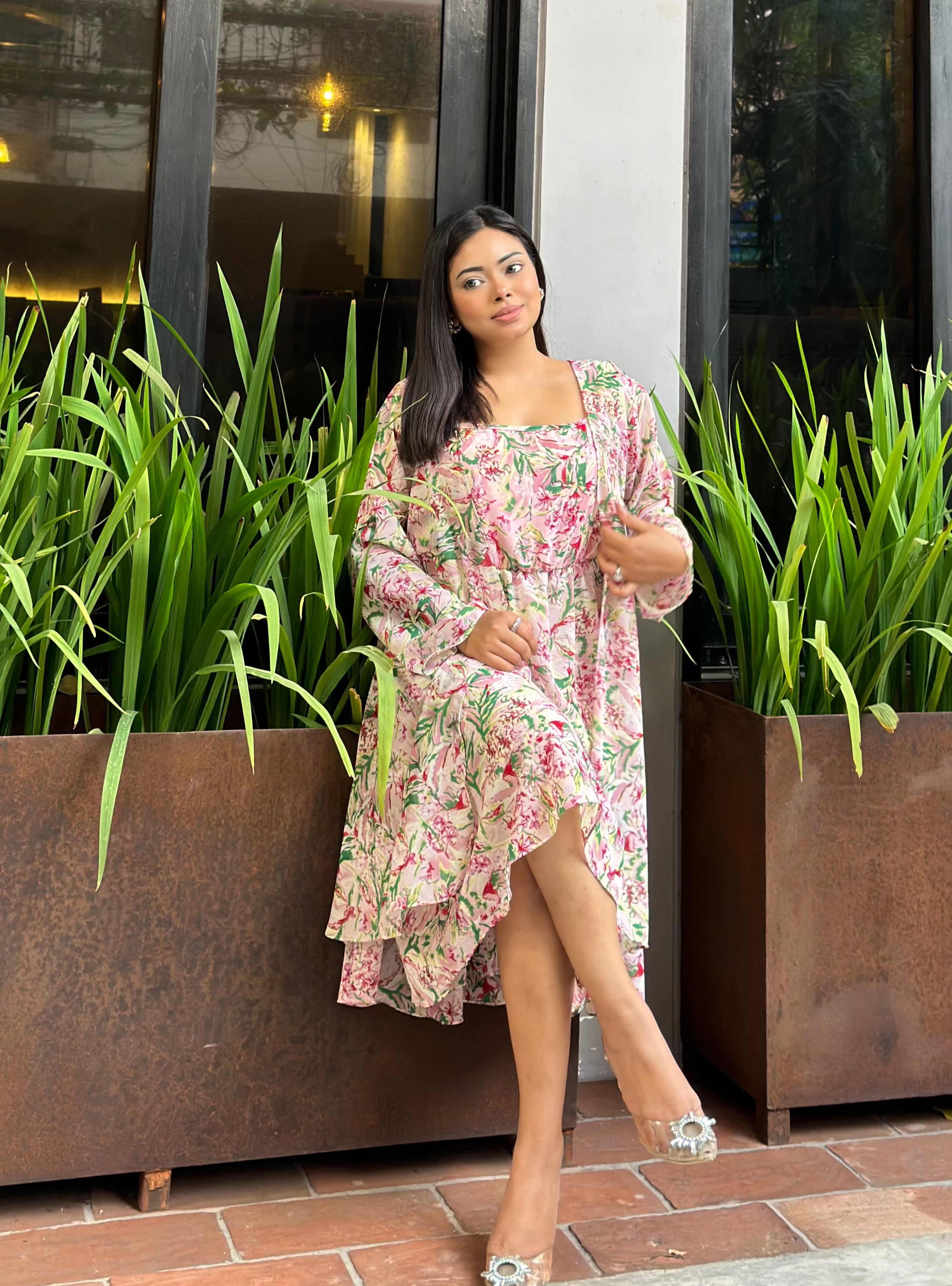 Midi Gown with Shrug Set || Koti Gown Set || Long Shrug With Midi || Pink