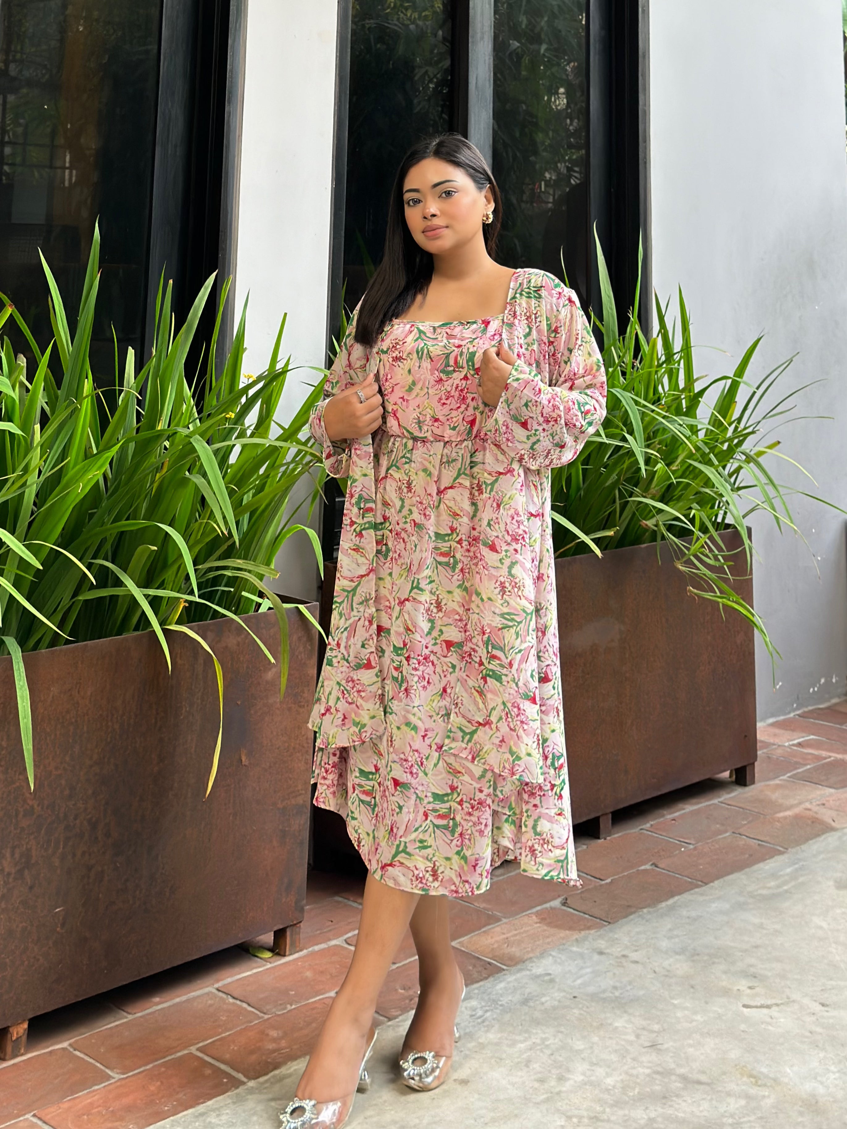 Midi Gown with Shrug Set || Koti Gown Set || Long Shrug With Midi || Pink