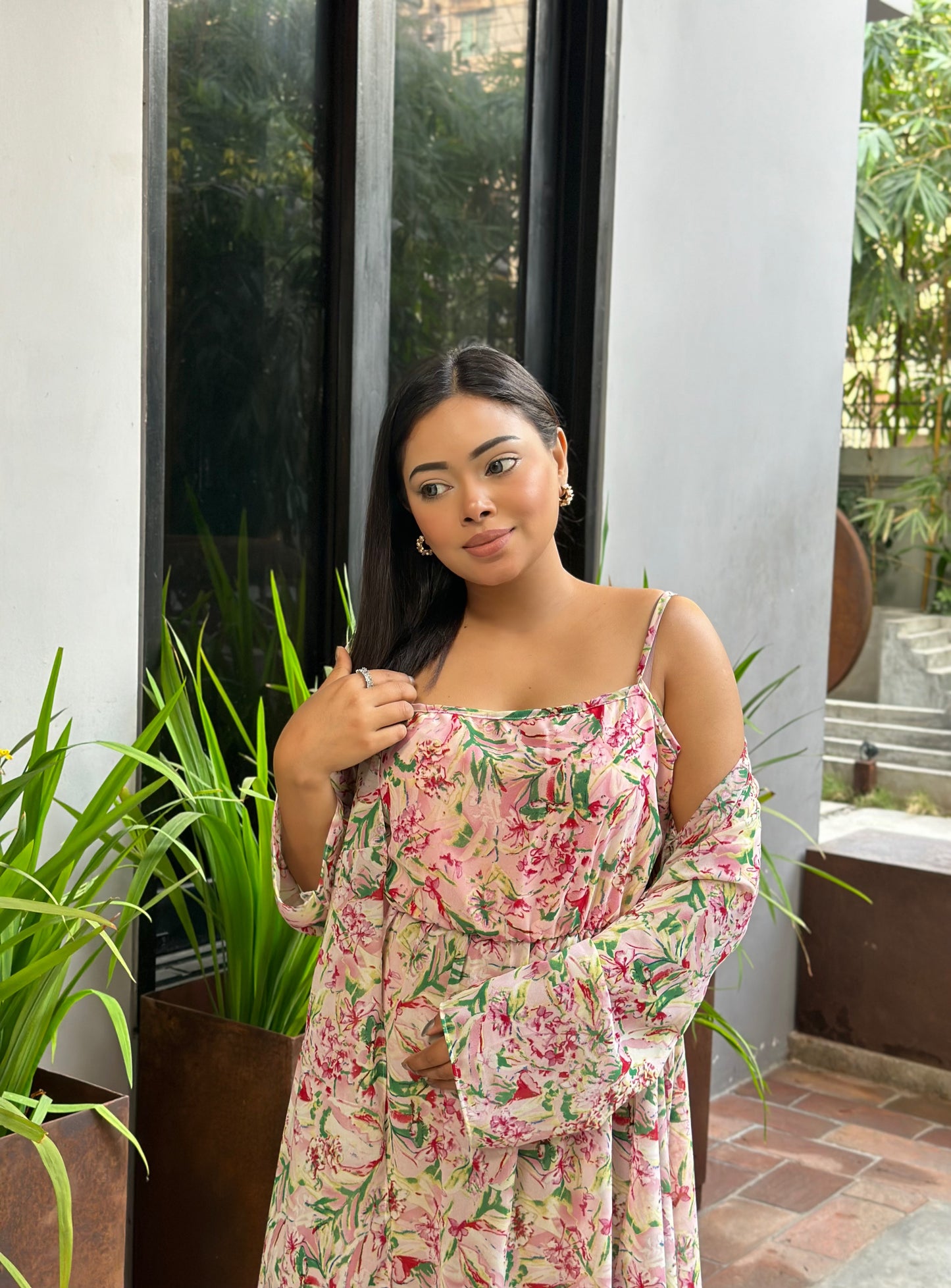 Midi Gown with Shrug Set || Koti Gown Set || Long Shrug With Midi || Pink