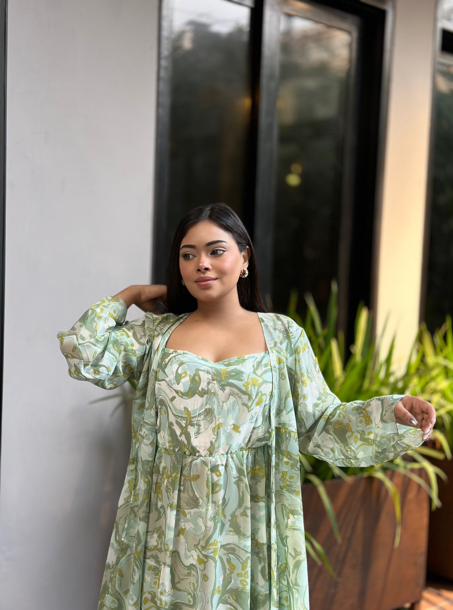 Midi Gown with Shrug Set || Koti Gown Set || Long Shrug With Midi || Mint