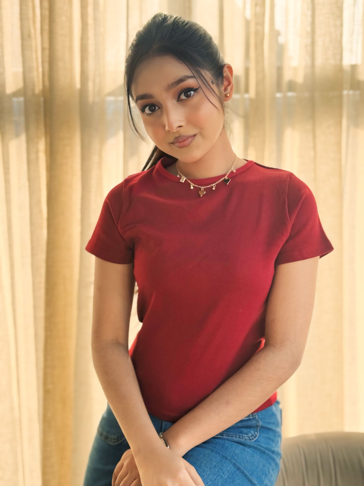 Crop O-Neck T-shirt || Red Maroon