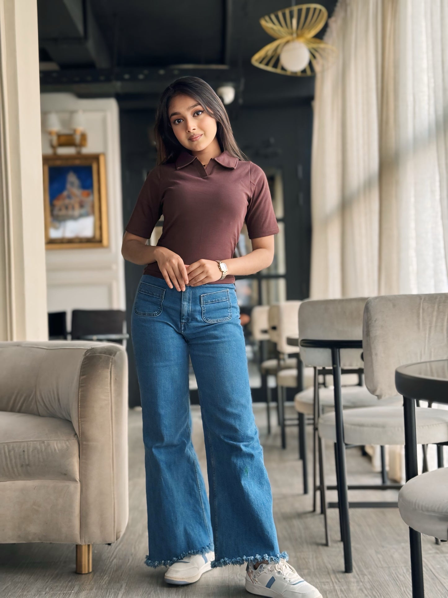 Crop Polo T-Shirt || Dark Brown