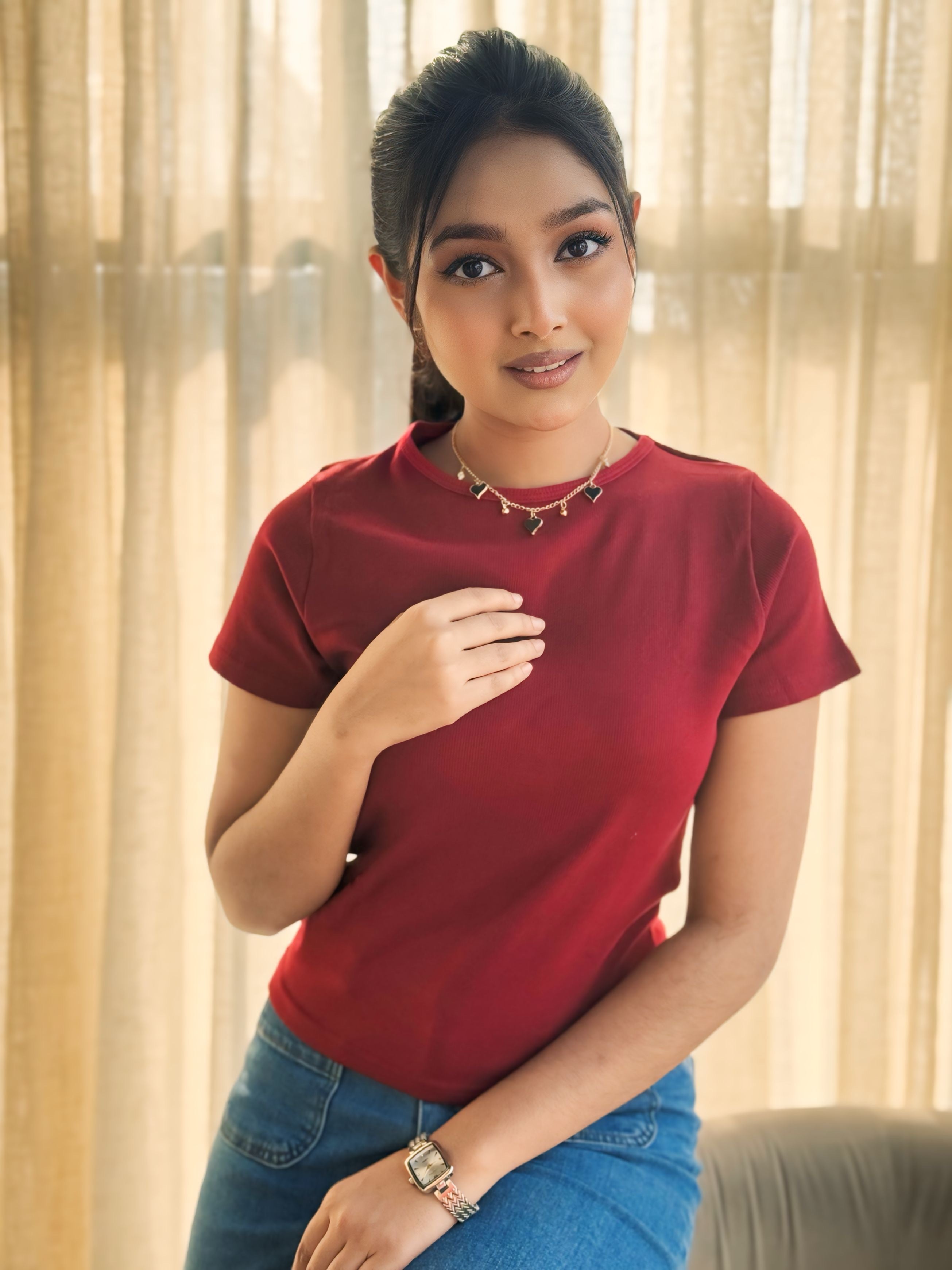 Crop O-Neck T-shirt || Red Maroon