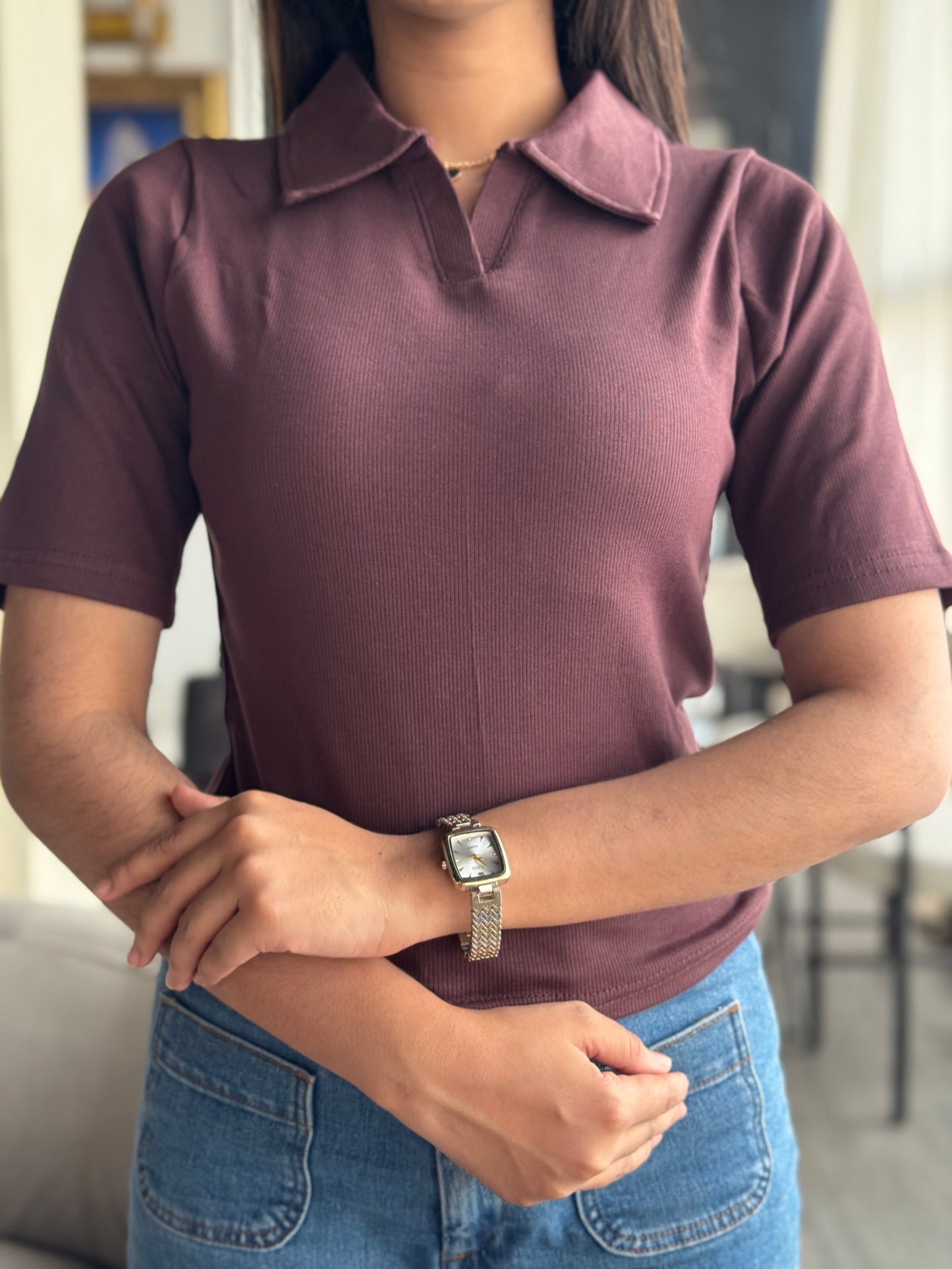 Crop Polo T-Shirt || Dark Brown