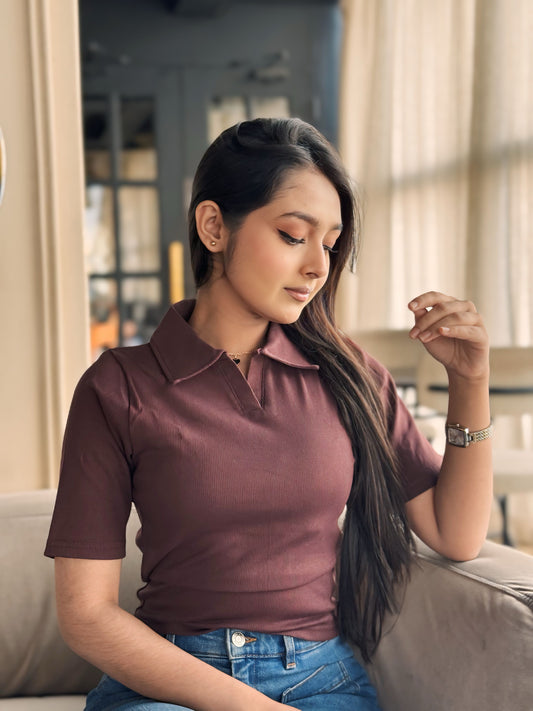 Crop Polo T-Shirt || Dark Brown