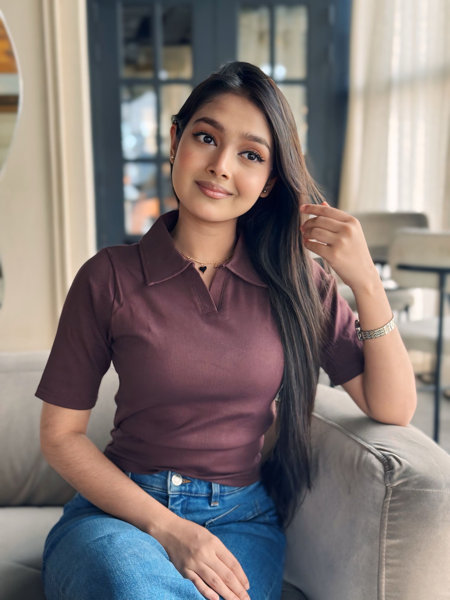 Crop Polo T-Shirt || Dark Brown