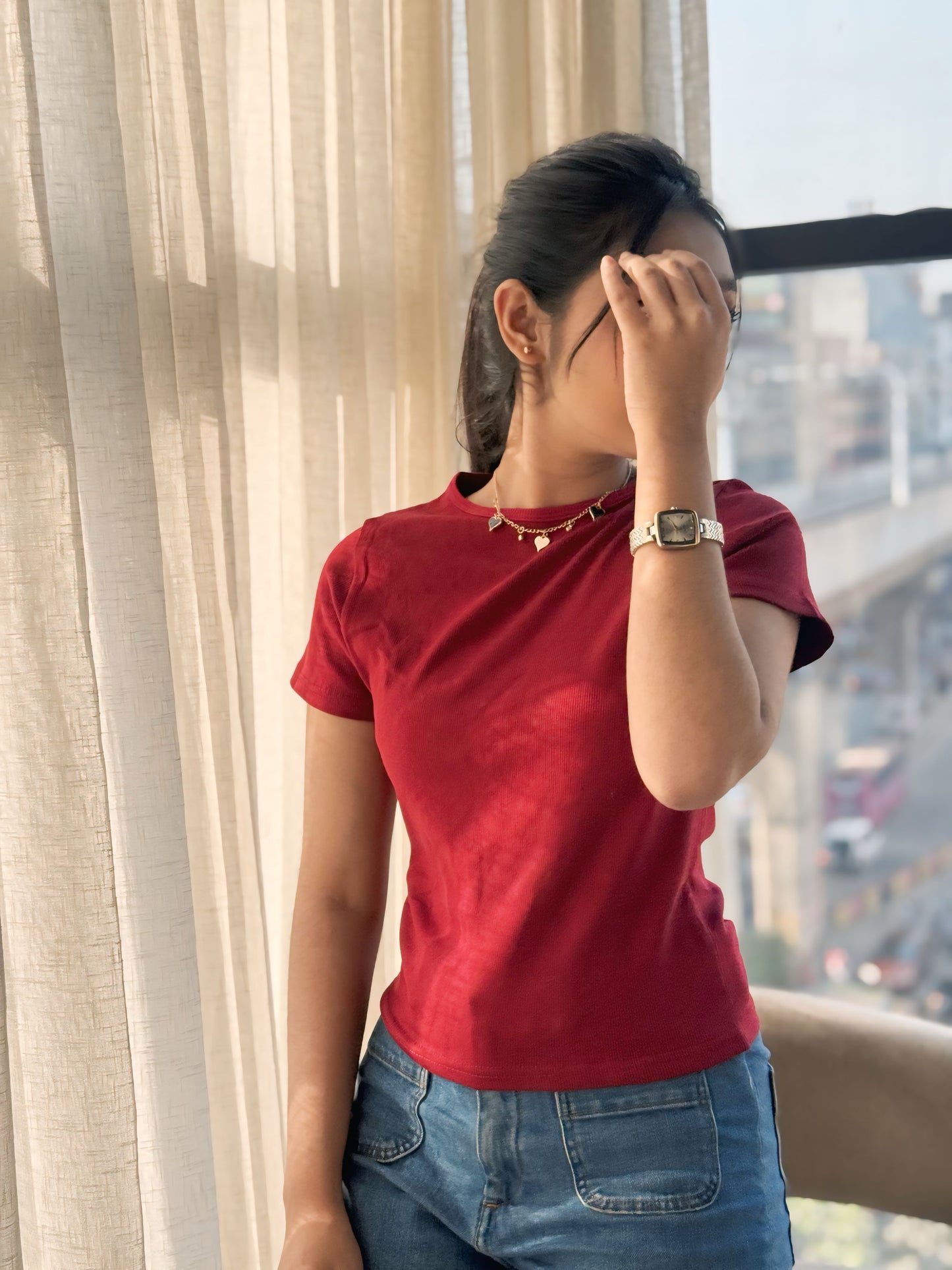 Crop O-Neck T-shirt || Red Maroon