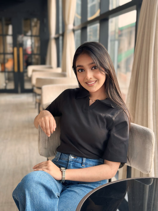 Crop Polo T-Shirt || Black