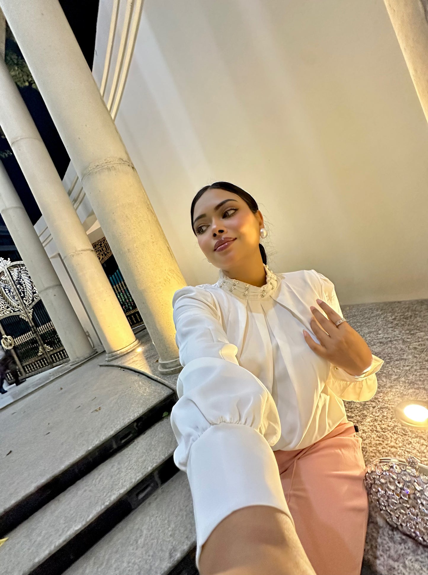 White China Imported Premium Stone-Neck Top | Loose Fit Full Sleeve Top for Women