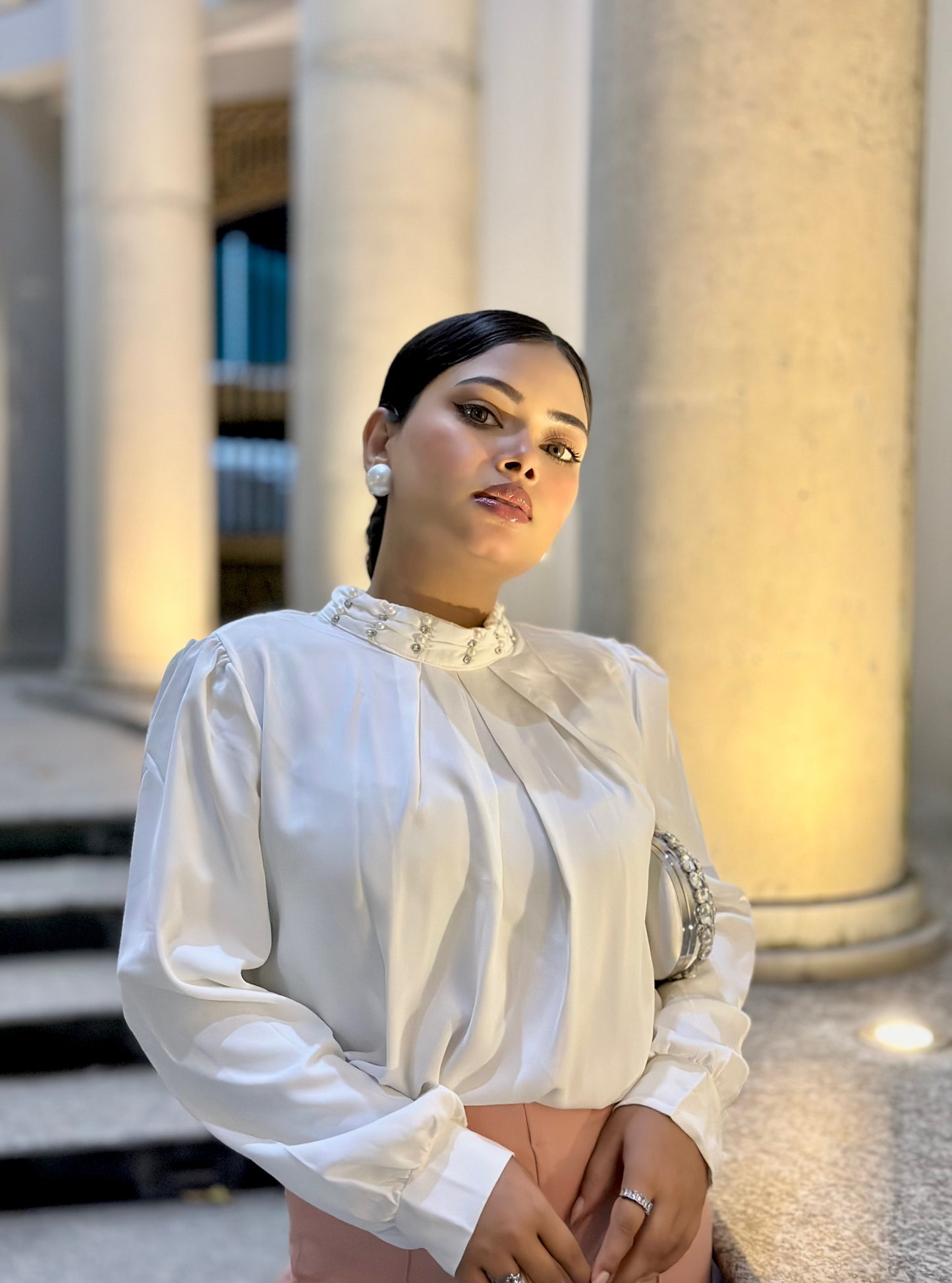 White China Imported Premium Stone-Neck Top | Loose Fit Full Sleeve Top for Women