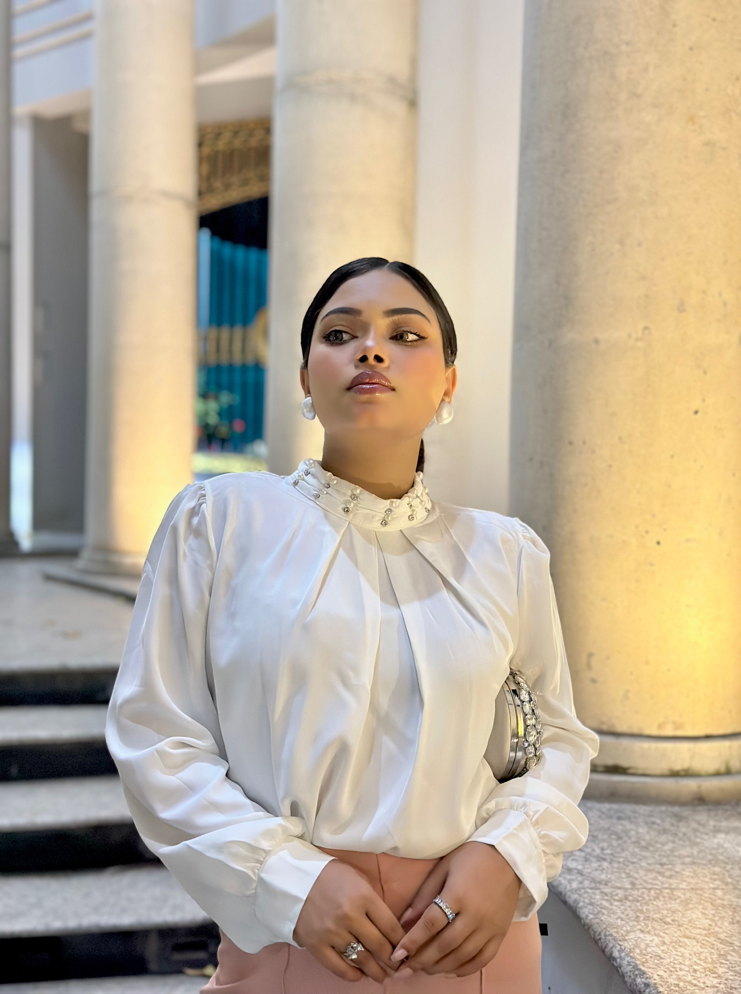 White China Imported Premium Stone-Neck Top | Loose Fit Full Sleeve Top for Women