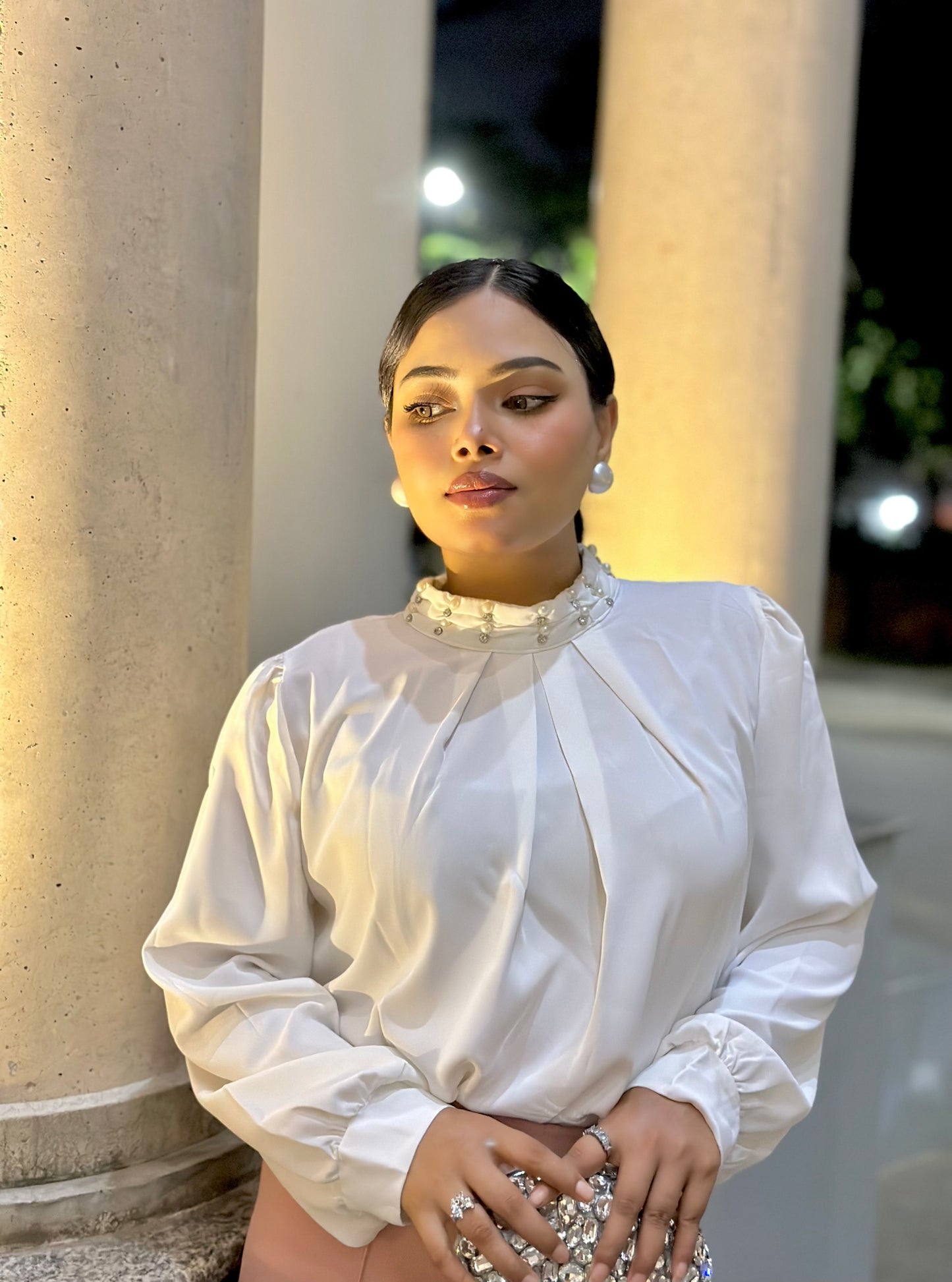 White China Imported Premium Stone-Neck Top | Loose Fit Full Sleeve Top for Women