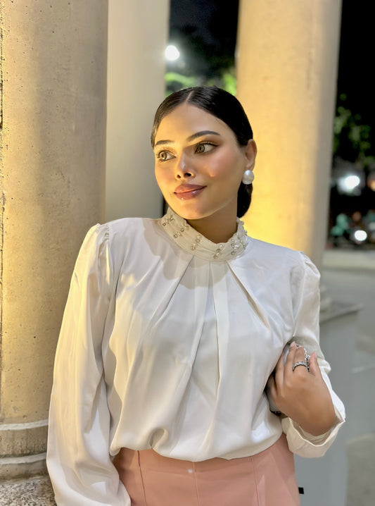 White China Imported Premium Stone-Neck Top | Loose Fit Full Sleeve Top for Women