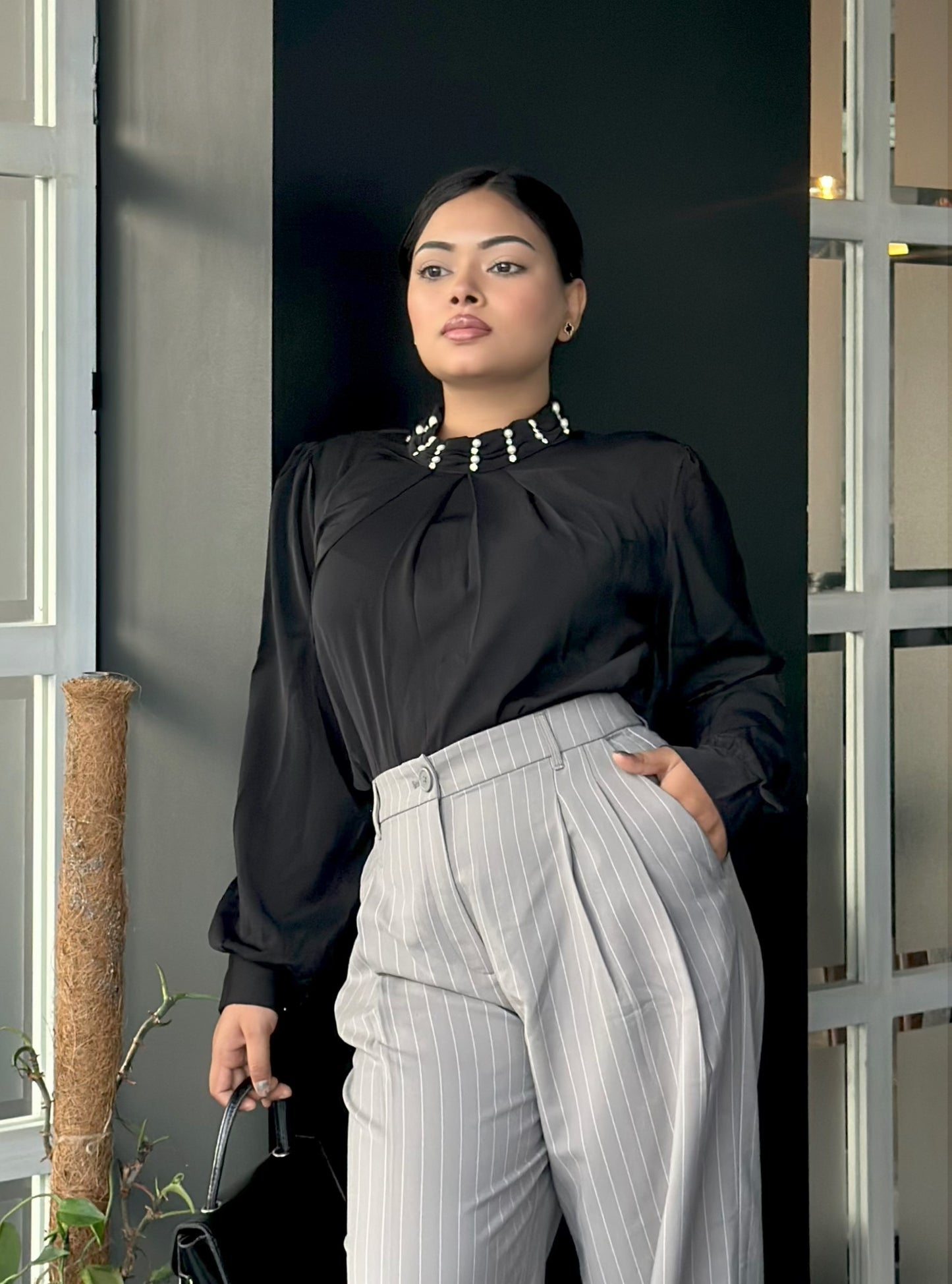 Black China Imported Premium Stone-Neck Top | Loose Fit Full Sleeve Top for Women