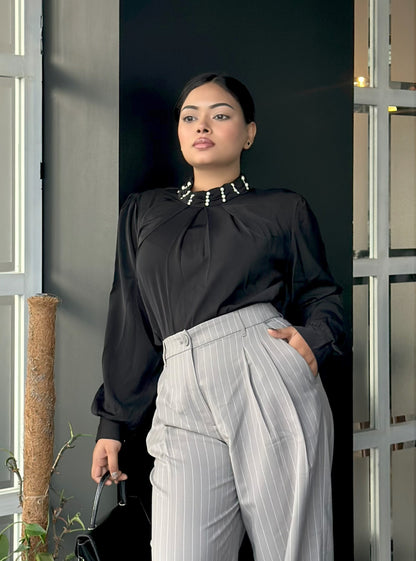 Black China Imported Premium Stone-Neck Top | Loose Fit Full Sleeve Top for Women