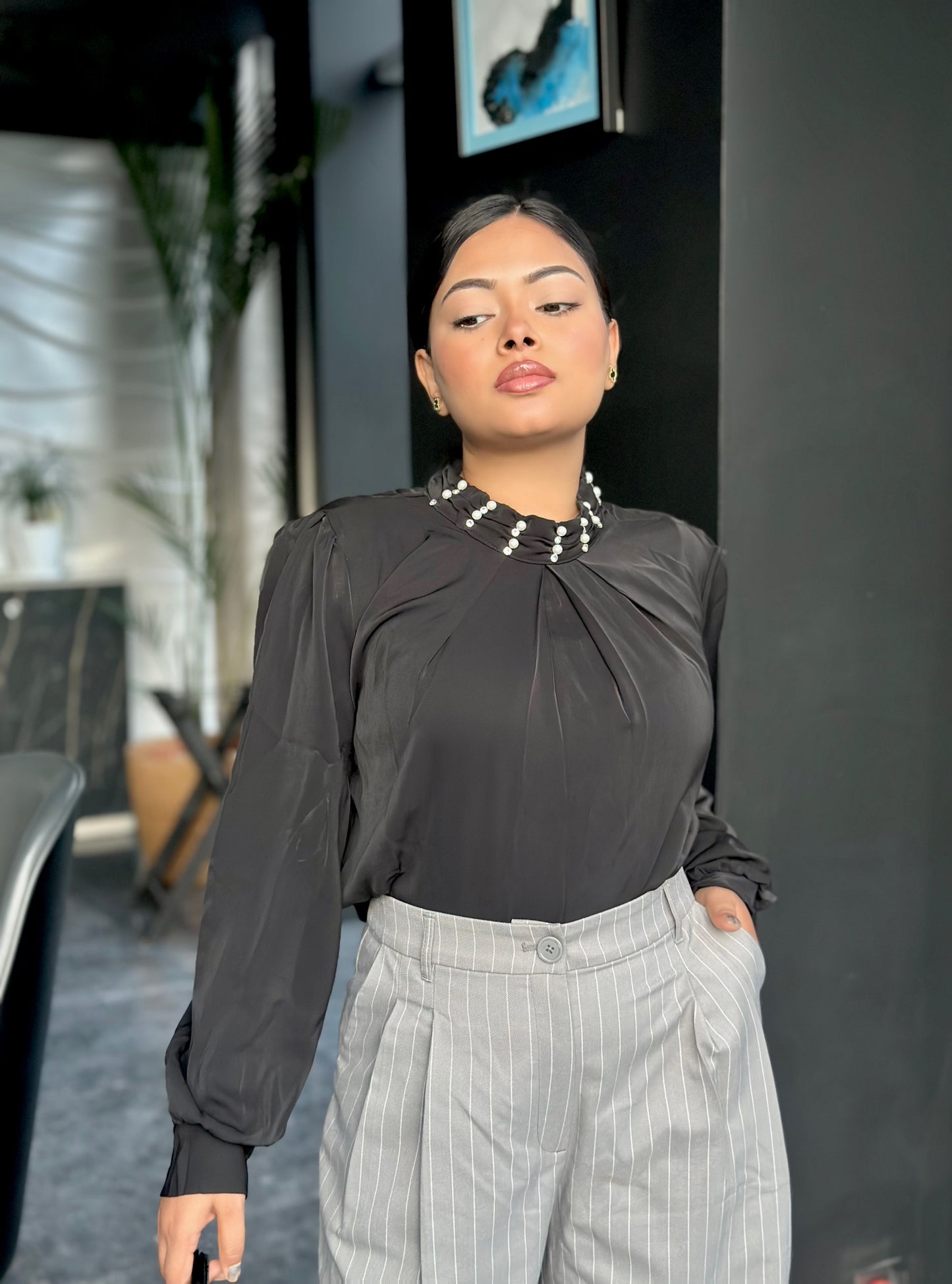 Black China Imported Premium Stone-Neck Top | Loose Fit Full Sleeve Top for Women