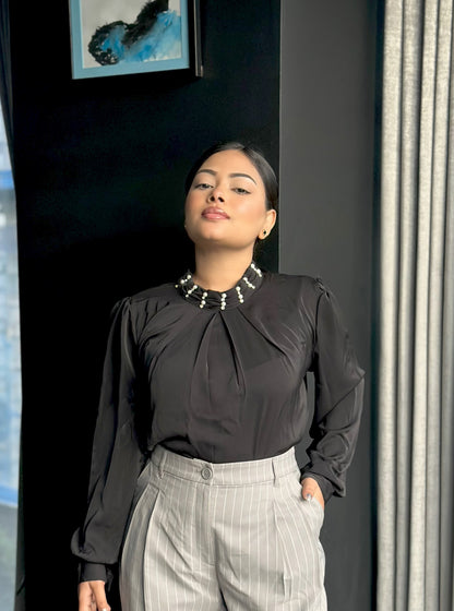 Black China Imported Premium Stone-Neck Top | Loose Fit Full Sleeve Top for Women