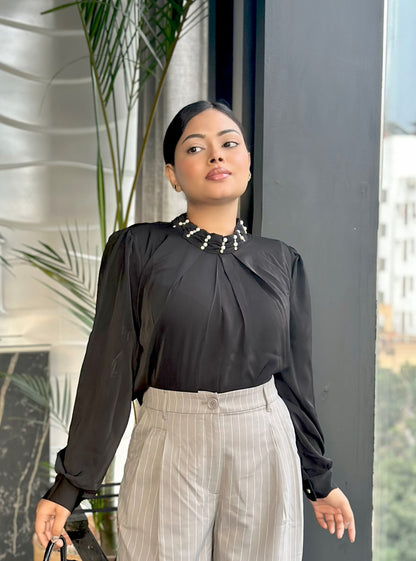 Black China Imported Premium Stone-Neck Top | Loose Fit Full Sleeve Top for Women