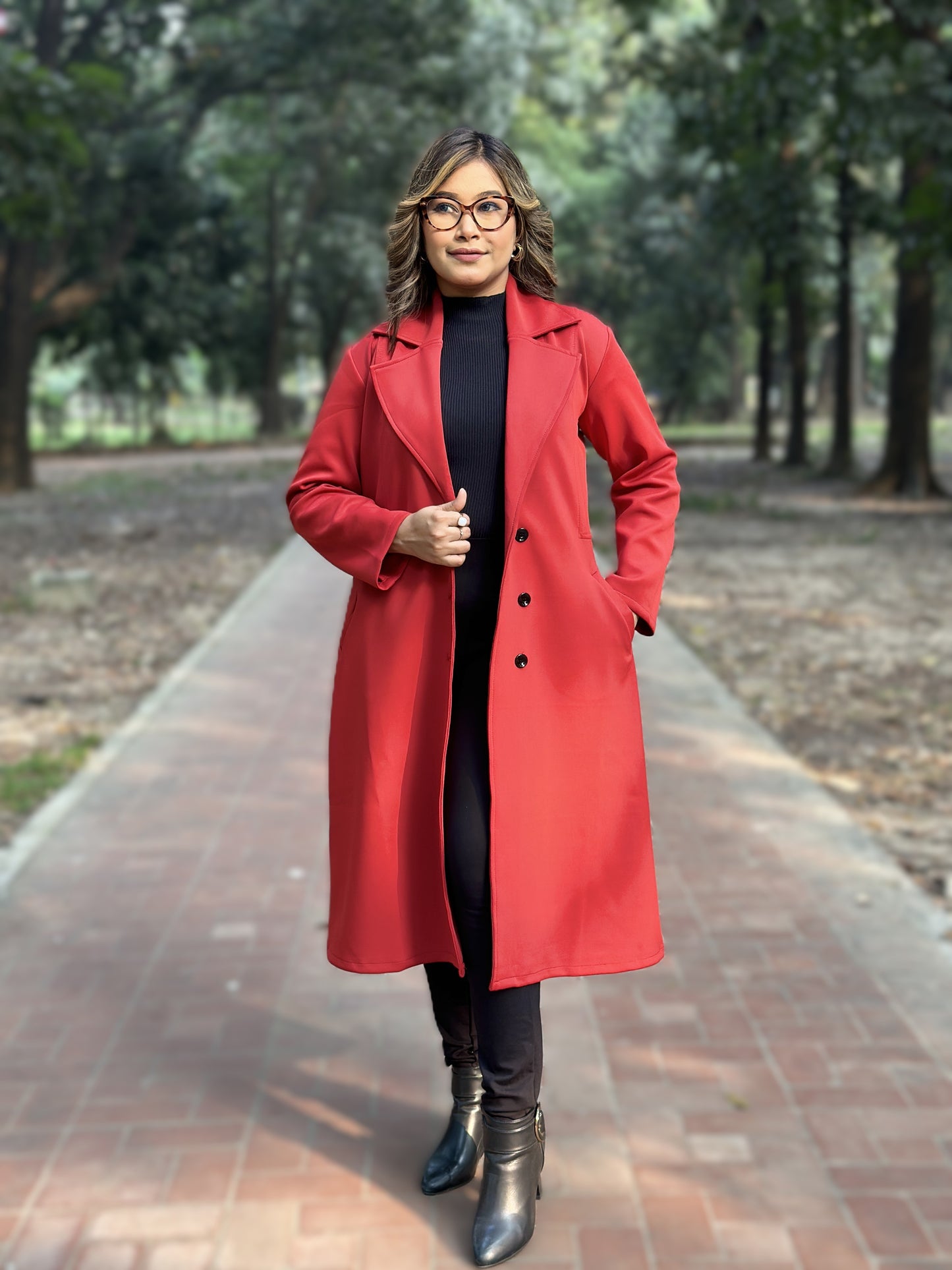 Winter Special Ladies Long Overcoat 3-Button || RED