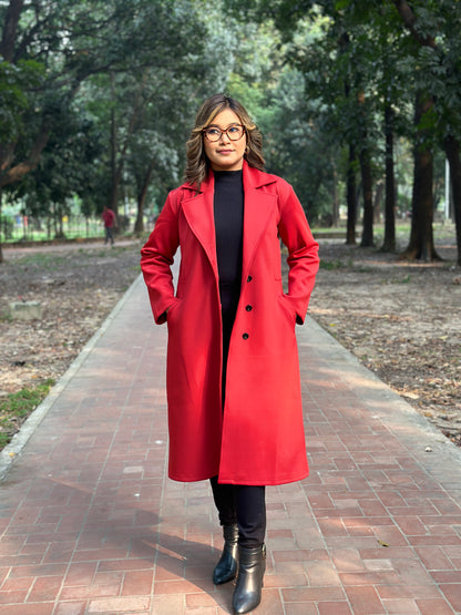 Winter Special Ladies Long Overcoat 3-Button || RED