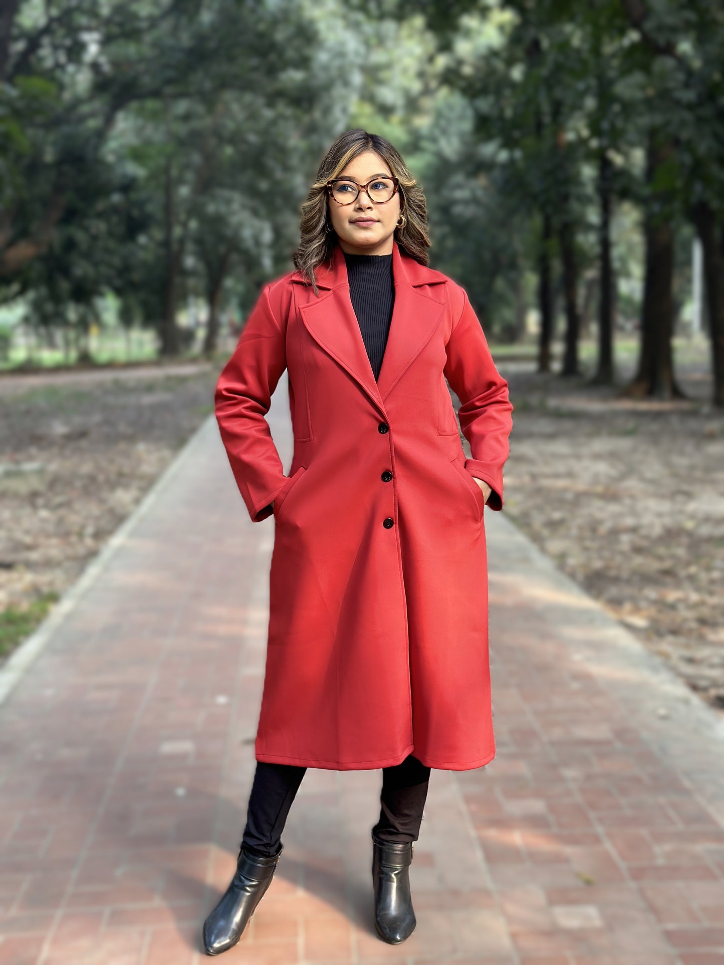 Winter Special Ladies Long Overcoat 3-Button || RED