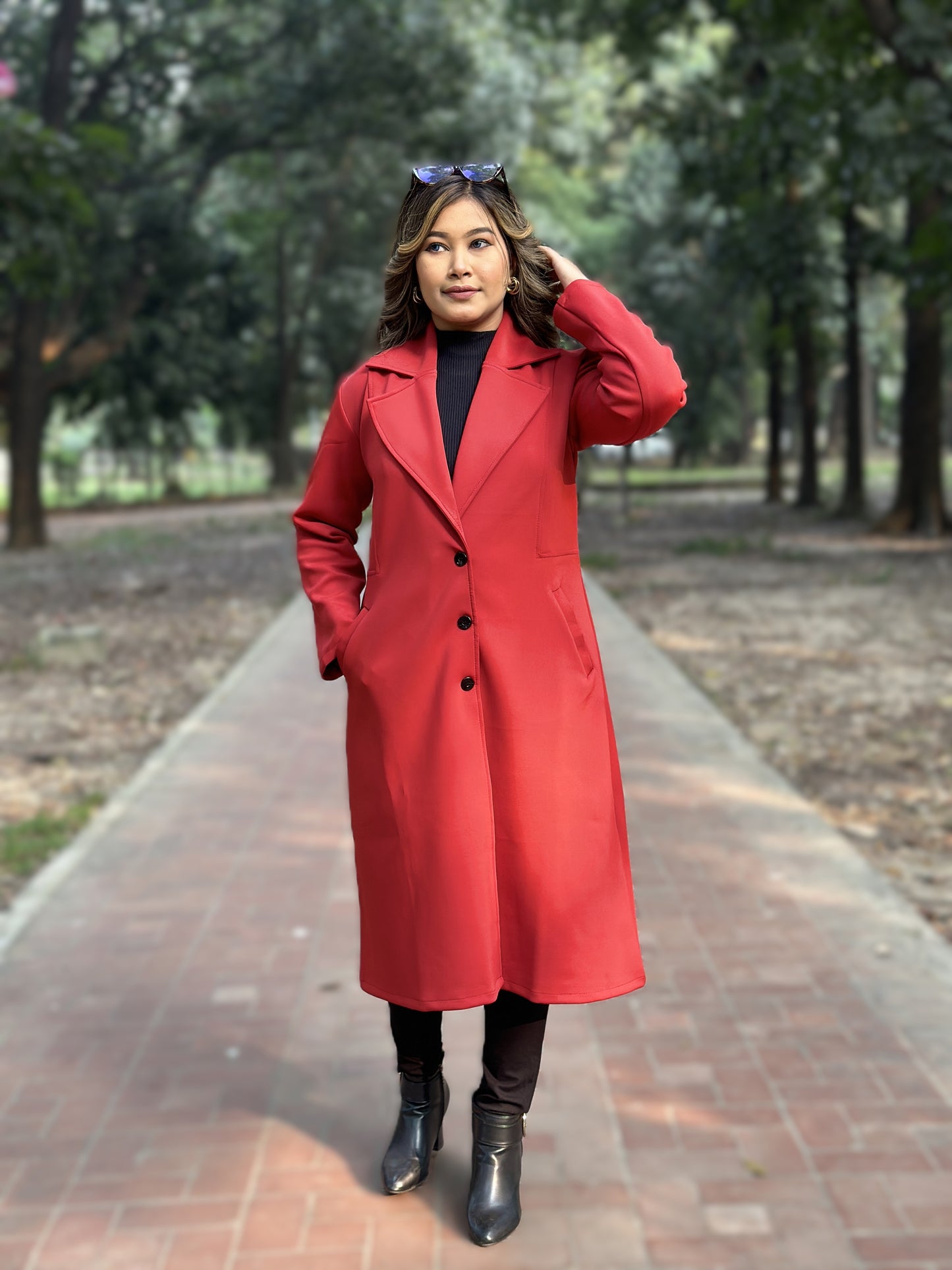 Winter Special Ladies Long Overcoat 3-Button || RED