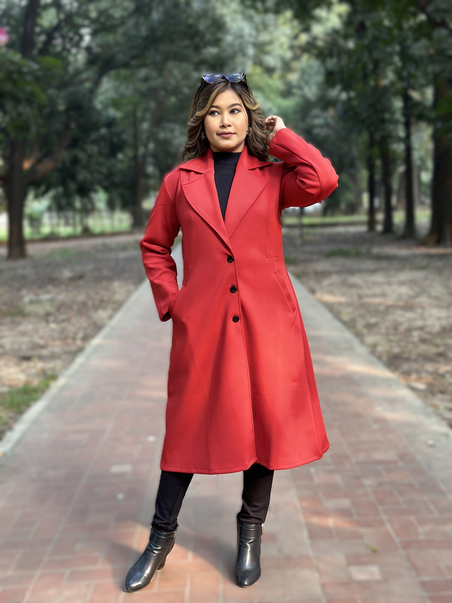 Winter Special Ladies Long Overcoat 3-Button || RED