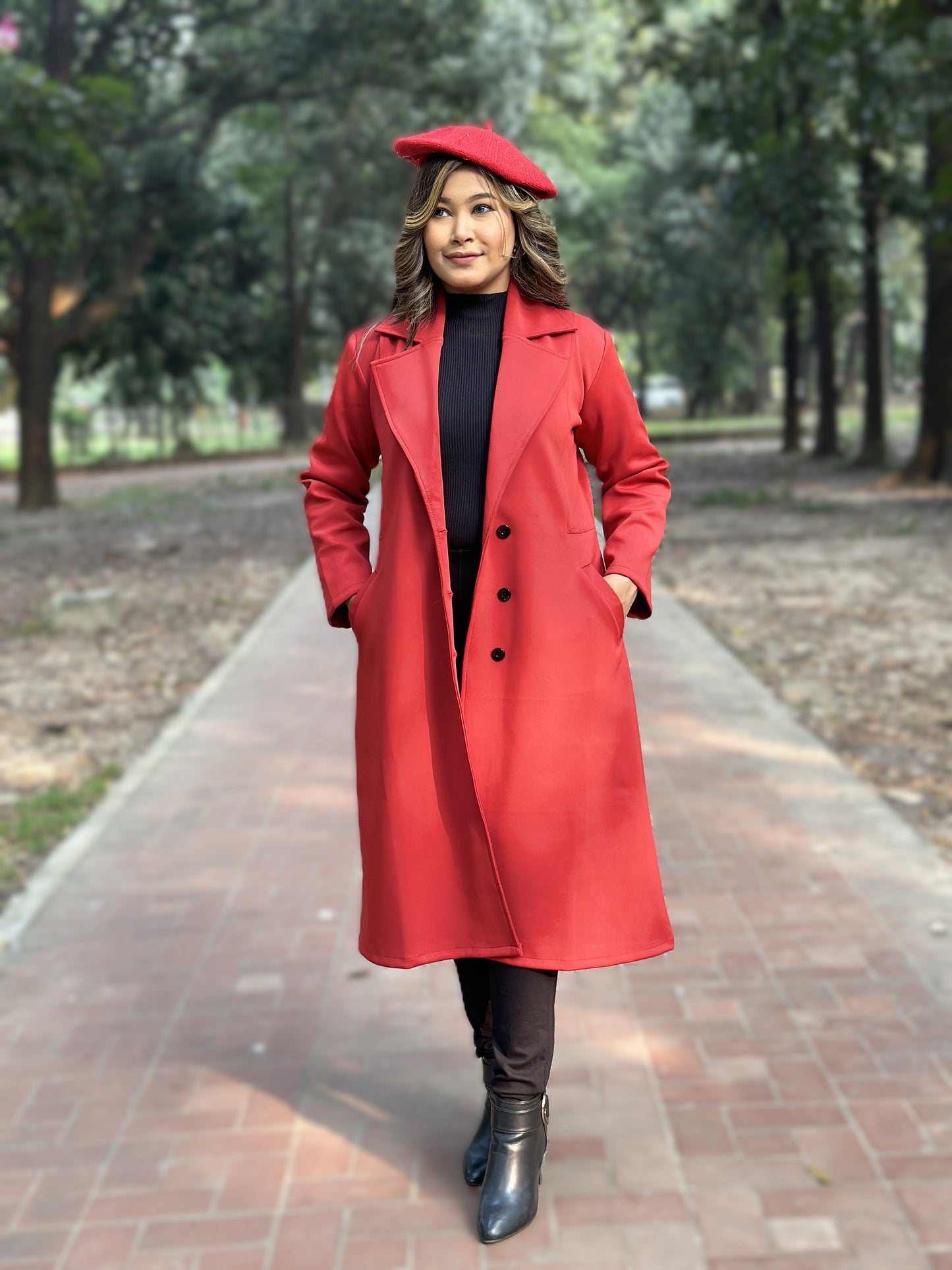 Winter Special Ladies Long Overcoat 3-Button || RED