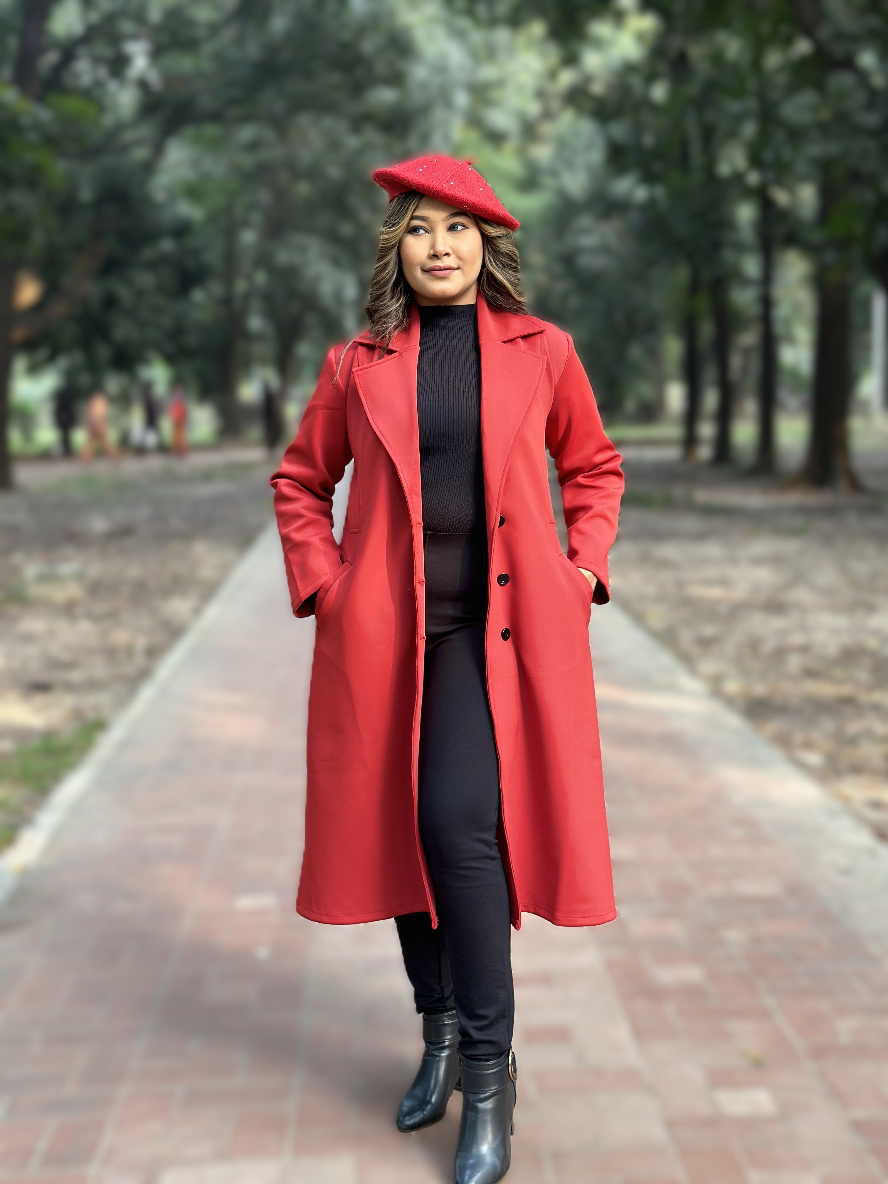 Winter Special Ladies Long Overcoat 3-Button || RED