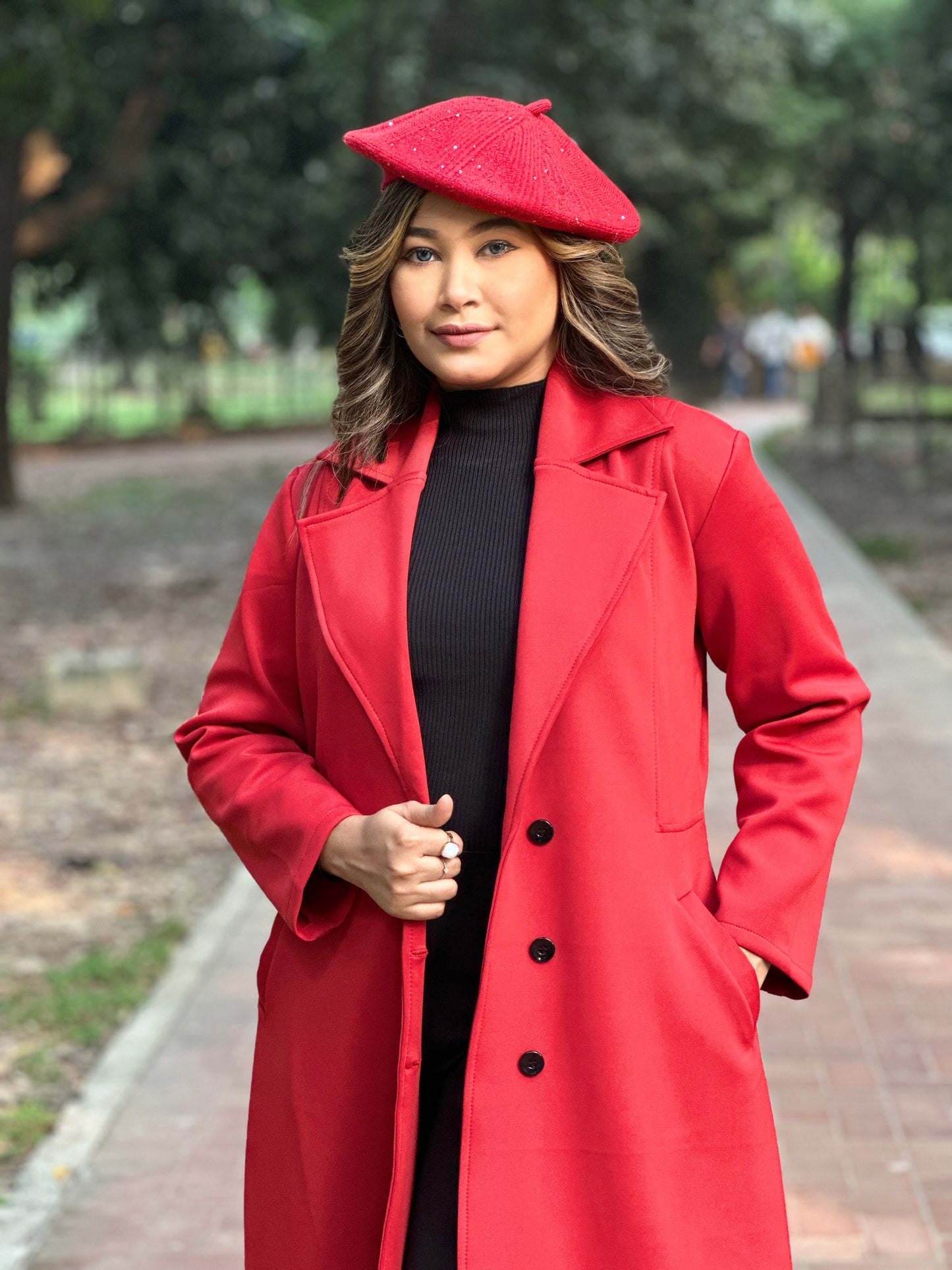 Winter Special Ladies Long Overcoat 3-Button || RED