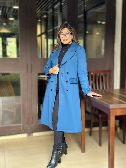 Special Ladies Long Overcoat – 6 Button Design with Front Pocket || Sea Blue