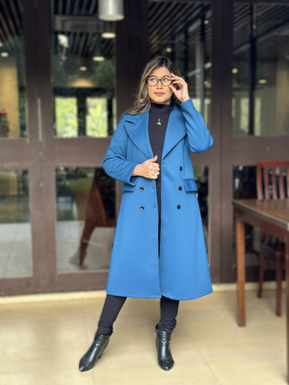 Special Ladies Long Overcoat – 6 Button Design with Front Pocket || Sea Blue