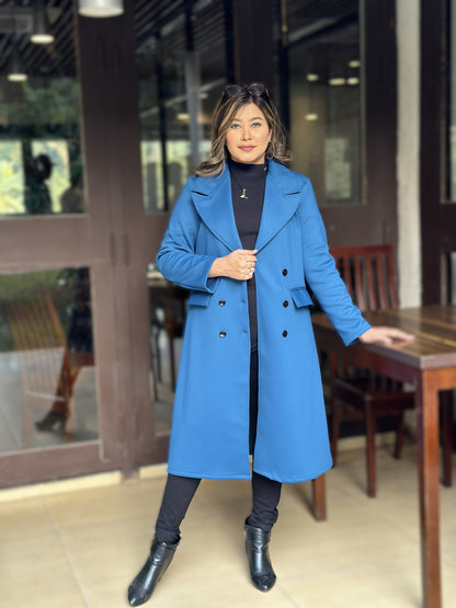 Special Ladies Long Overcoat – 6 Button Design with Front Pocket || Sea Blue