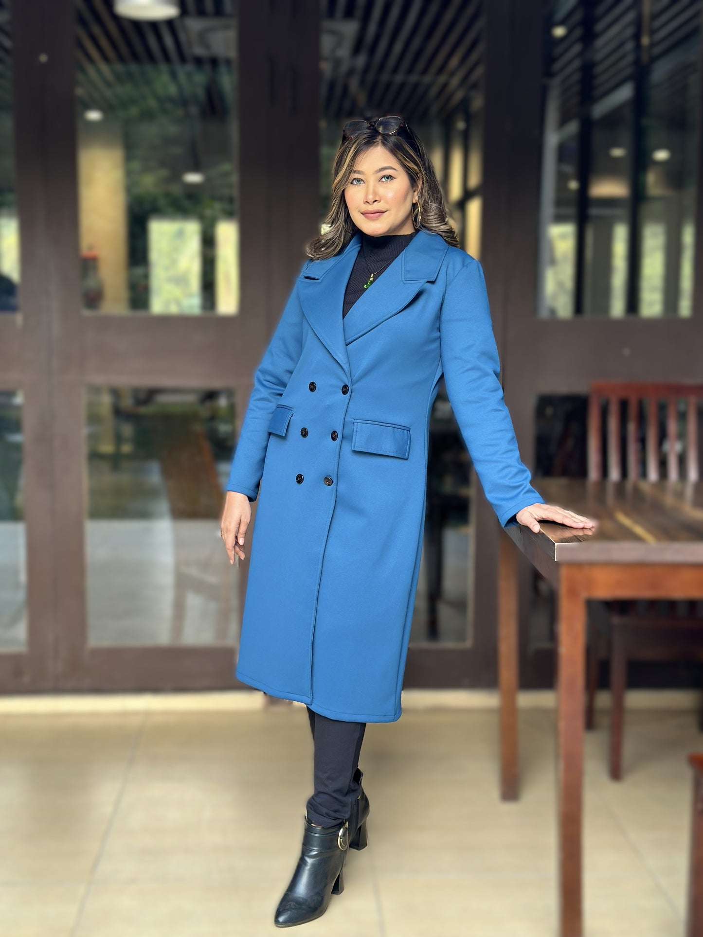 Special Ladies Long Overcoat – 6 Button Design with Front Pocket || Sea Blue