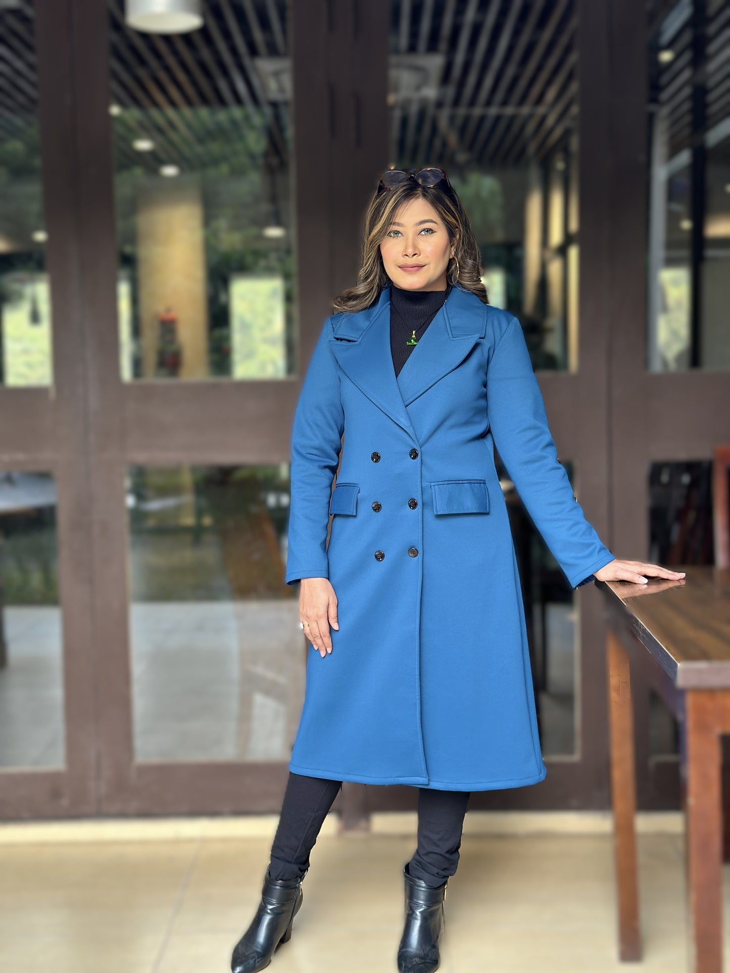Special Ladies Long Overcoat – 6 Button Design with Front Pocket || Sea Blue