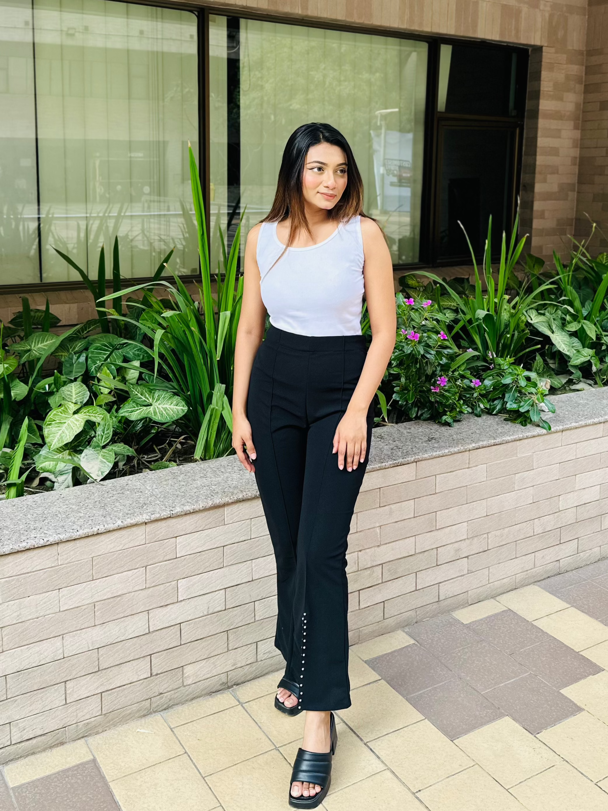 Slit Cut Stoned Flare Pants || Ladies Pant || Black