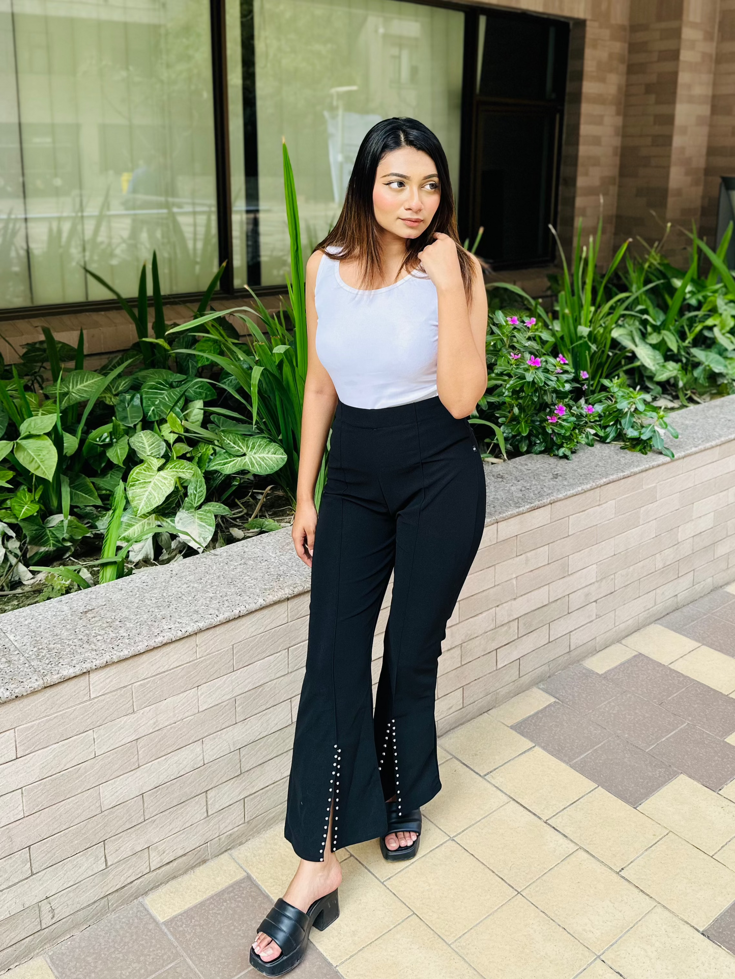 Slit Cut Stoned Flare Pants || Ladies Pant || Black