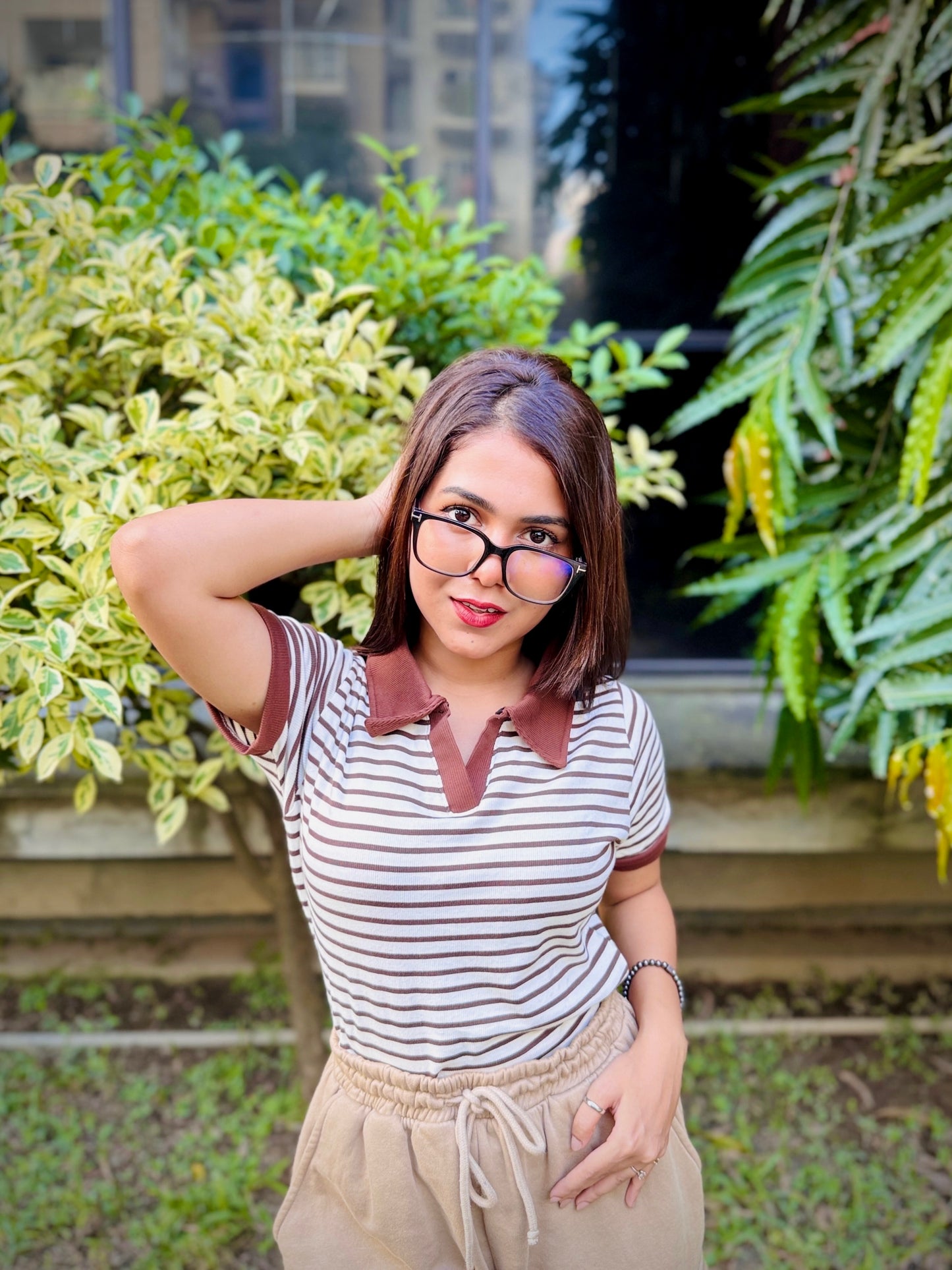 Ladies Contrast Polo T-Shirt – Stylish Casual Wear || Brown & White Stripe