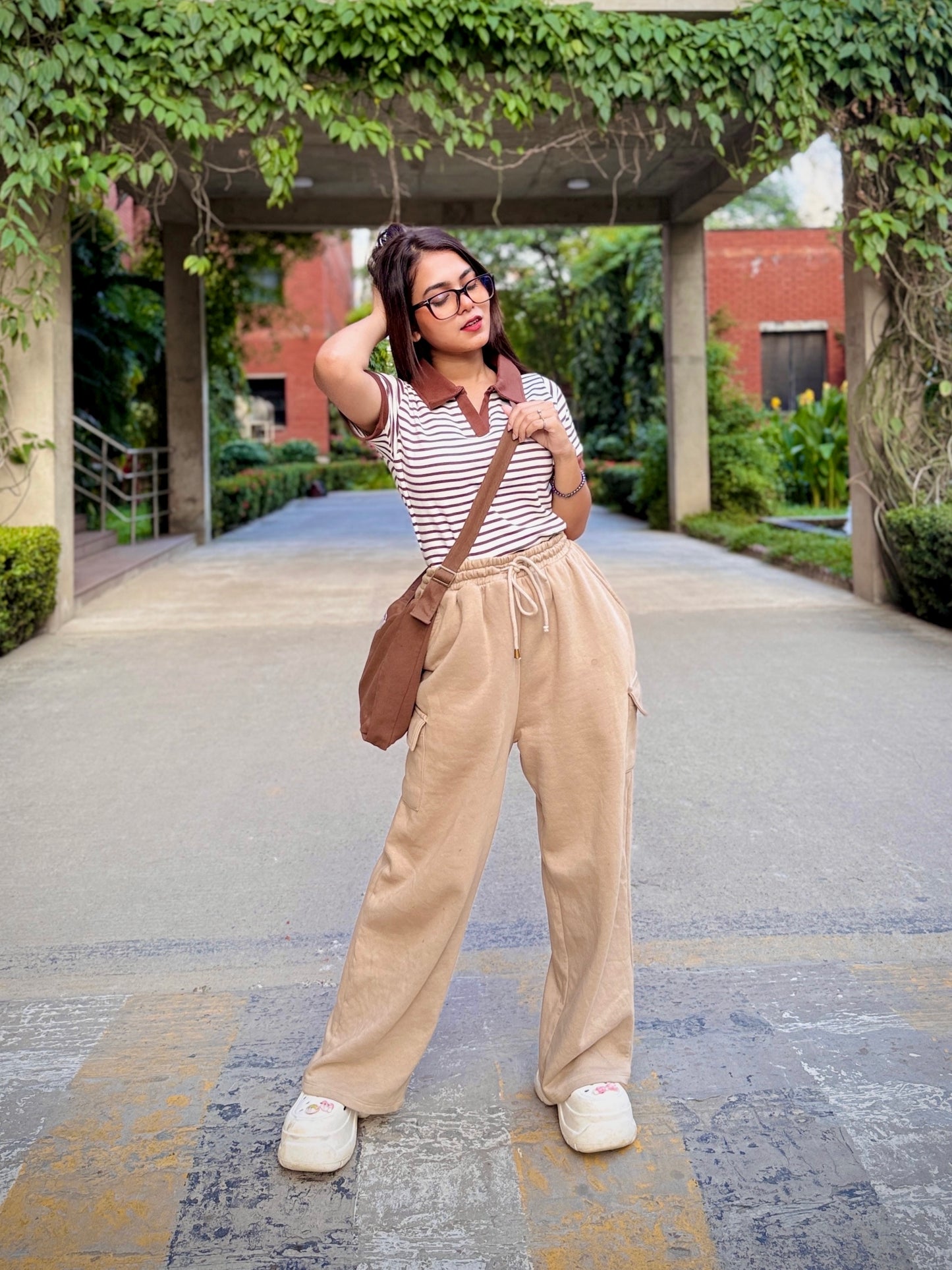 Ladies Contrast Polo T-Shirt – Stylish Casual Wear || Brown & White Stripe