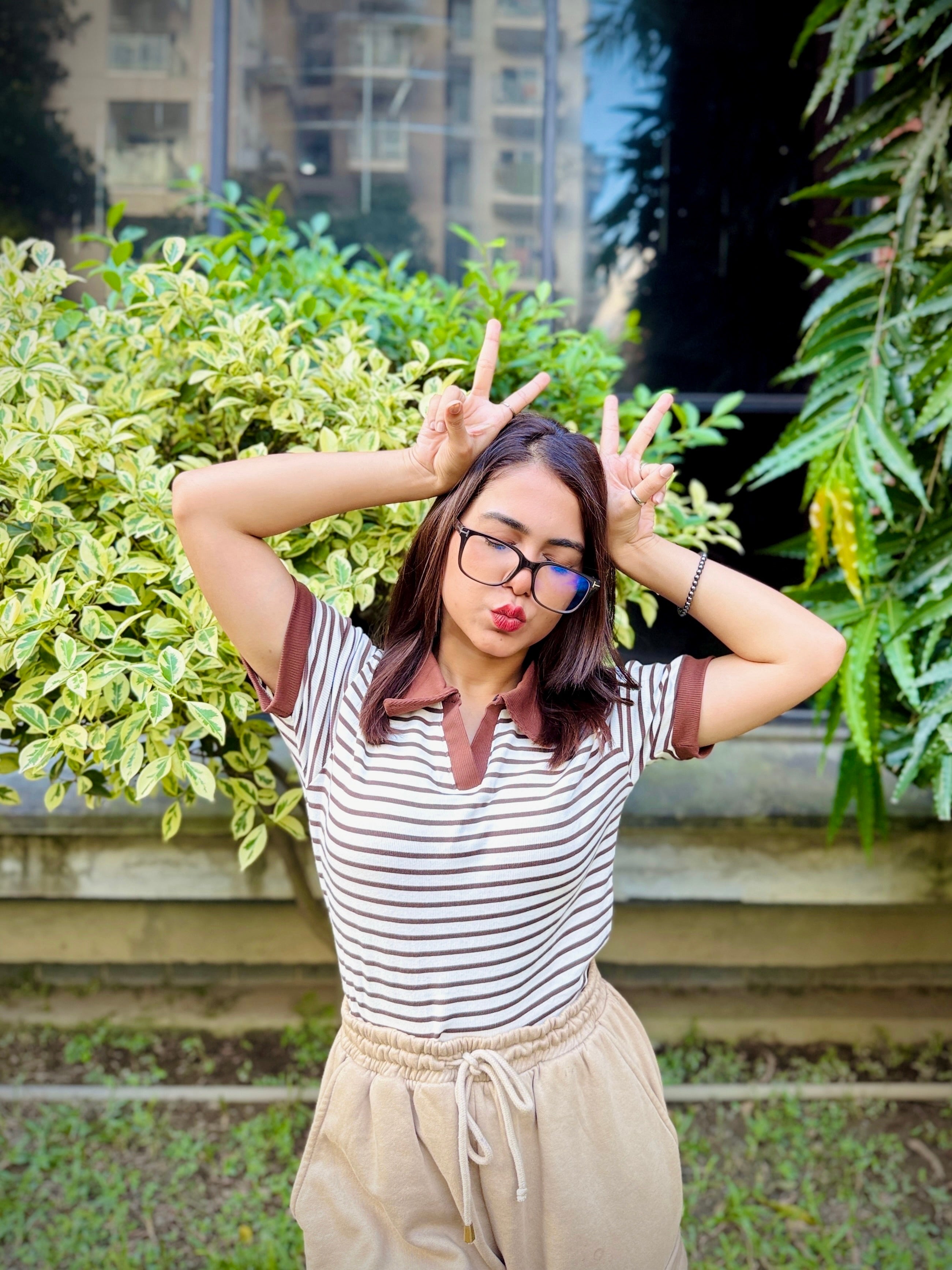 Ladies Contrast Polo T-Shirt – Stylish Casual Wear || Brown & White Stripe