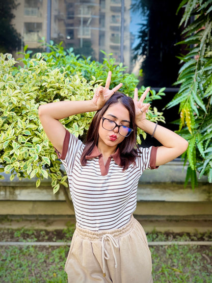 Ladies Contrast Polo T-Shirt – Stylish Casual Wear || Brown & White Stripe