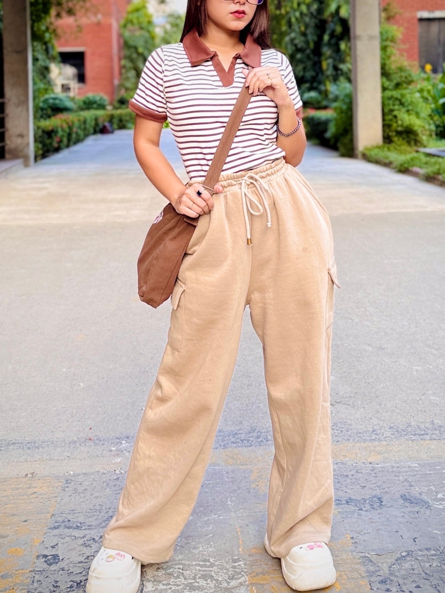 Ladies Contrast Polo T-Shirt – Stylish Casual Wear || Brown & White Stripe